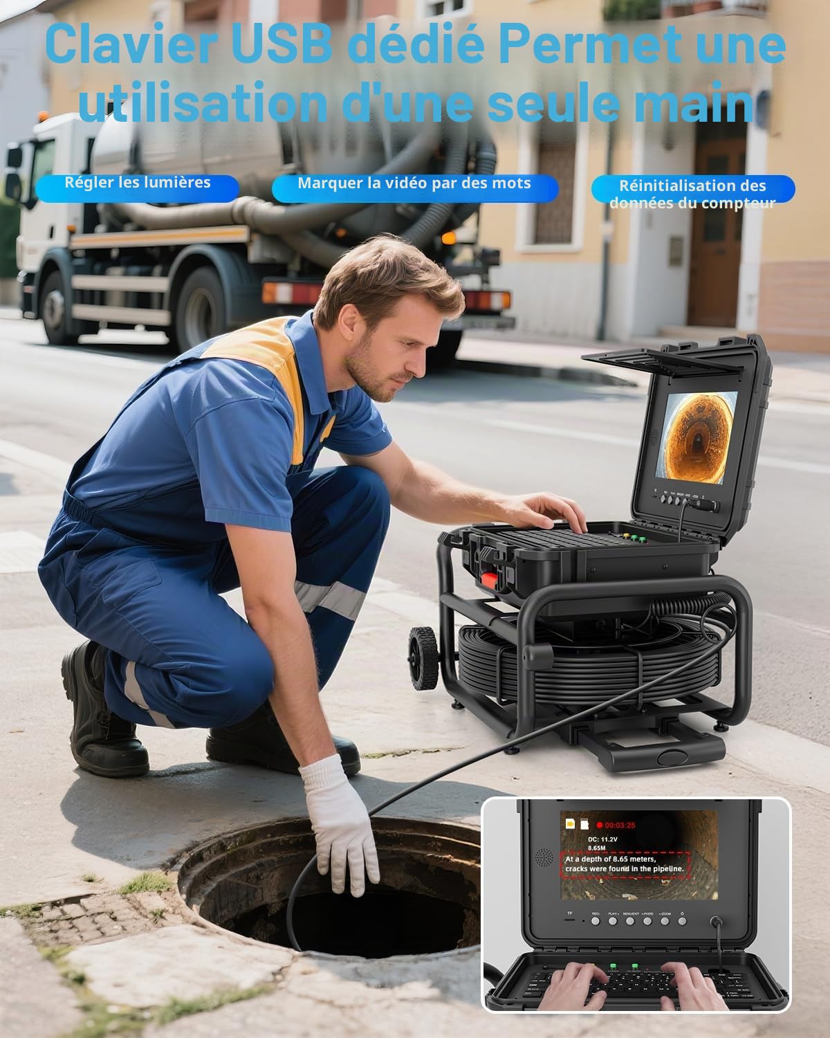 Caméra d'égout HD, Camera d'inspection Canalisation 50M, Camera d'inspection de Tuyau avec Compteur de Mètre, Autonivelant, Émetteur 512Hz et Clavier, Endoscope de Drainage avec Poignée Rétractable