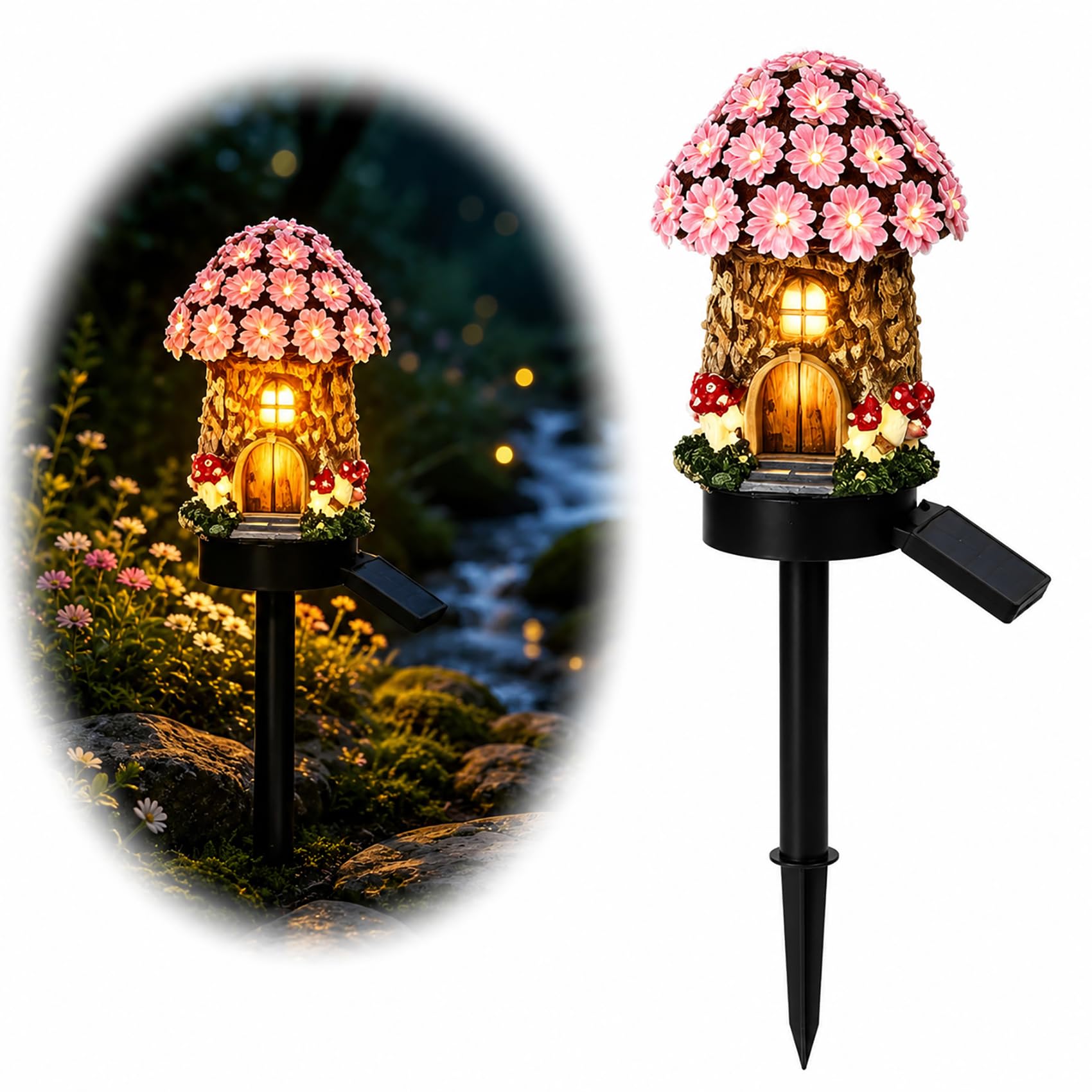Cemssitu Solar Mushroom Cottage Garden Light, Waterproof LED Solar Garden Light with Stake, Resin Fairy Garden Stake Lights with Auto On/Off for Pathway Yard Patio Lawn Walkway (Pink)