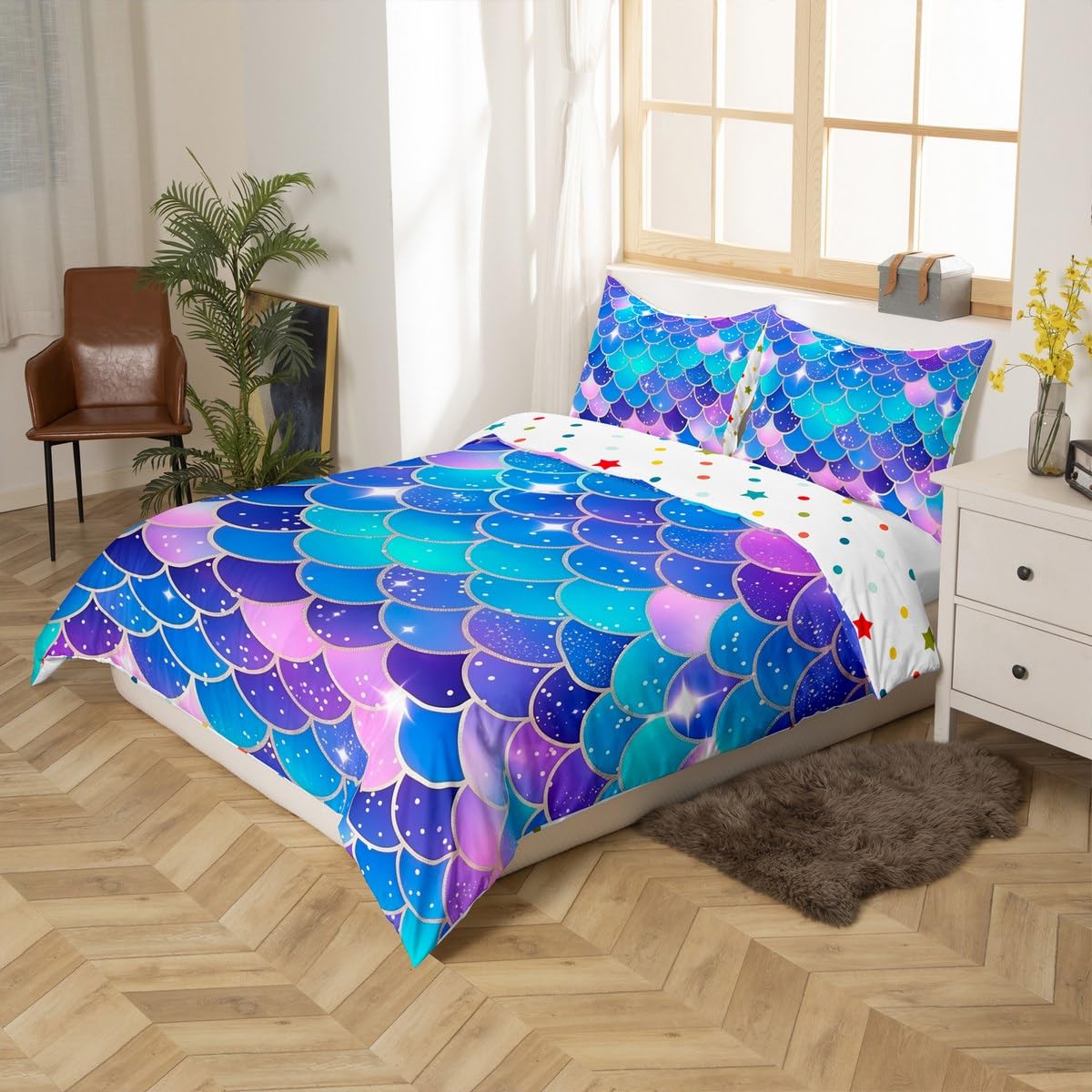 Homewish Kolorowa poszewka na kołdrę syrenki super king niebieski fioletowy ogon syrenki zestaw pościeli ocean ryby łuski poszewka na kołdrę dla dzieci chłopców dziewcząt, błyszczący turkusowy