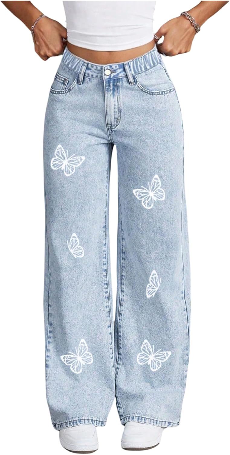 WDIRARA Girl's Butterfly Print Baggy Jeans Straight Leg Denim Pants Streetwear