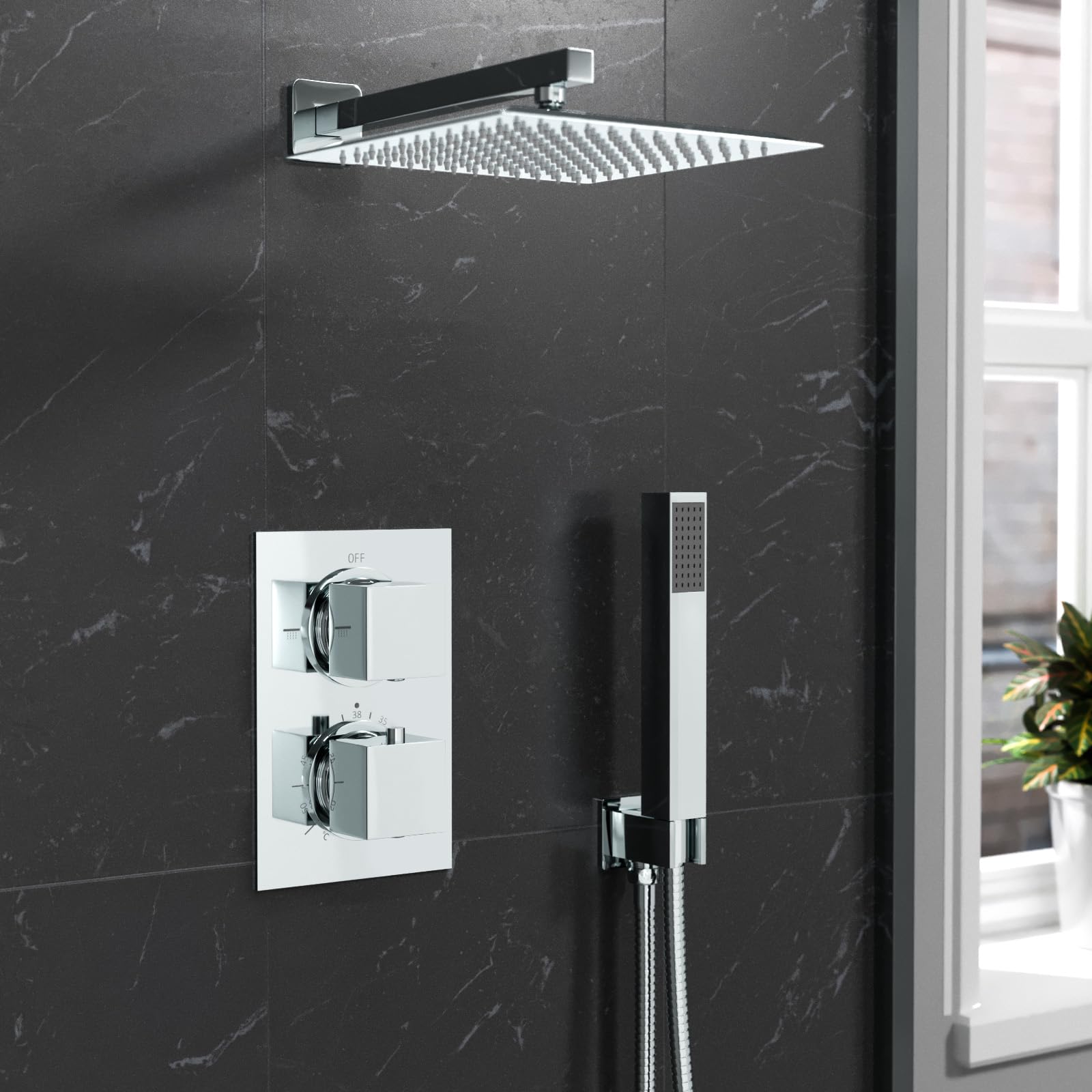 Nes Home 2 Dial 2 Way Square Concealed Thermostatic Shower Mixer,Head,Handset set Chrome