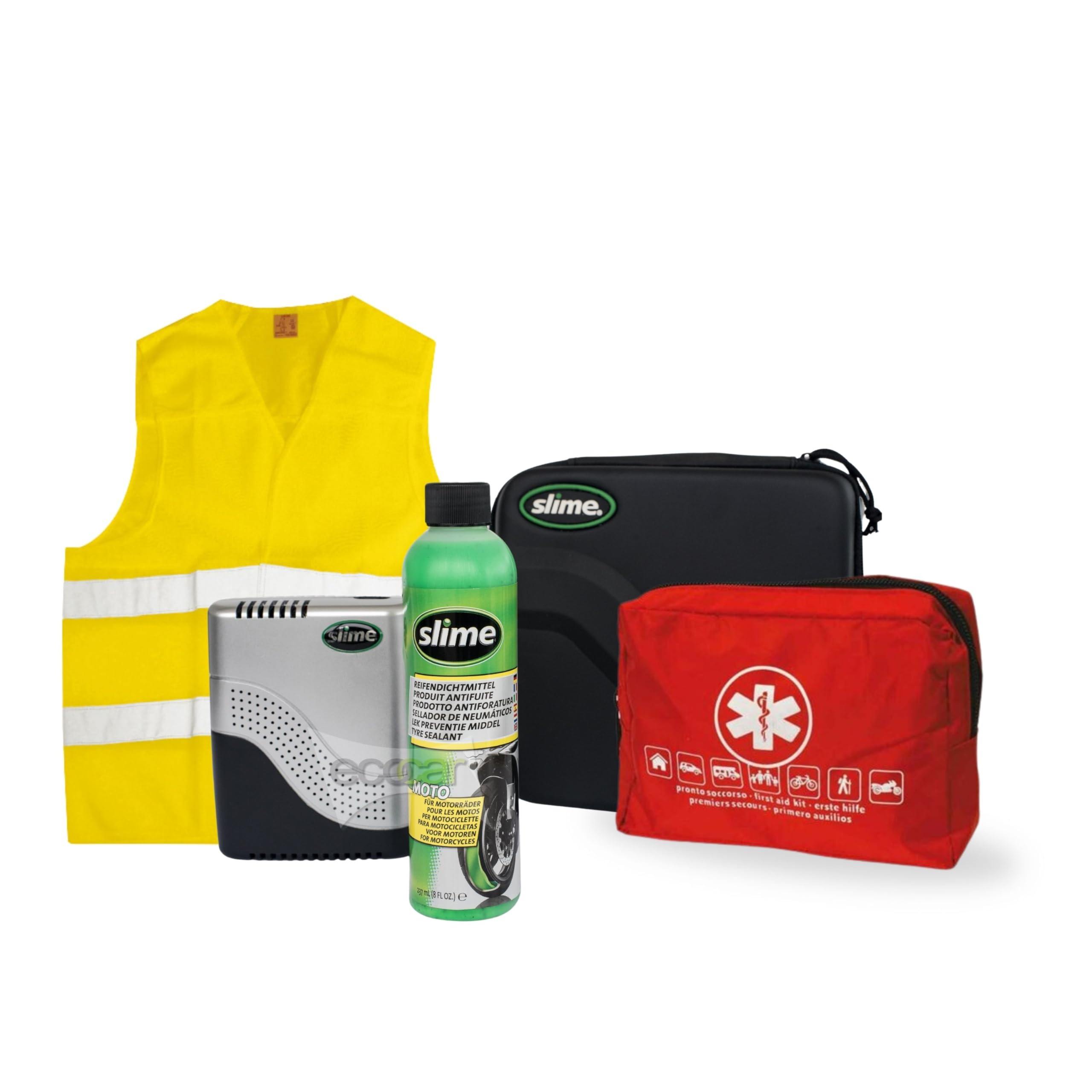 ecocar - Kit Accesorios Moto, Emergencia, Herramientas de Seguridad, Slime Reparación de Gomas, Maletín Primeros Auxilios, Chaleco Reflectante