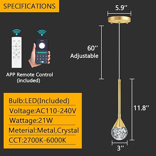 Miniatura 2 de 3 lucespaquete de 3 luces colgantes para isla de cocina, lámpara LED regulable, lámparas colgantes de mini iluminación colgante moderna de cristal