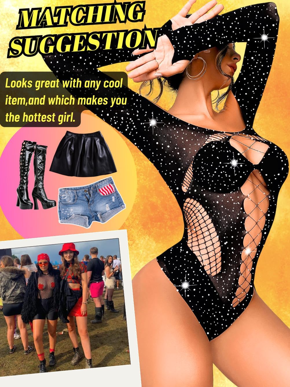 Kaei&Shi Rave Outfits For Women, Rhinestone Bodysuit Fits 0-16, Exotic Dancer Sexy Tops, Fishnet Stripper Plus Size Lingerie - Image 5