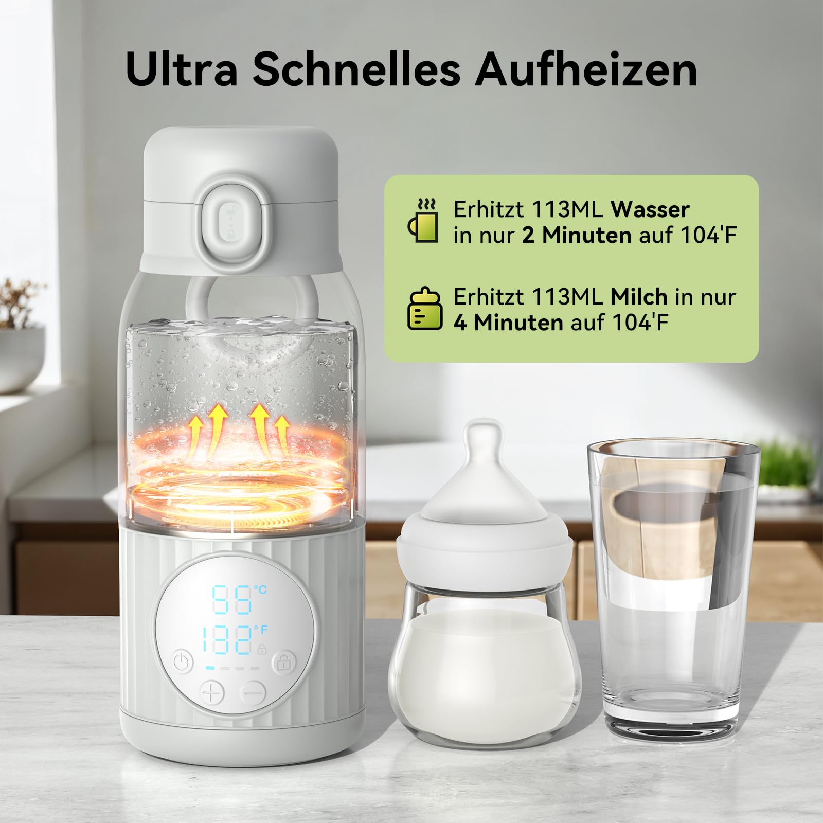 Tragbarer Flaschenwärmer Baby Unterwegs Akku 380ml für Muttermilch Wasser 10000mAh Schnell Aufheizen Präzise Temperaturregelung 100W Lange Akkulaufzeit USB-C Laden Auslaufsicher Geschenk