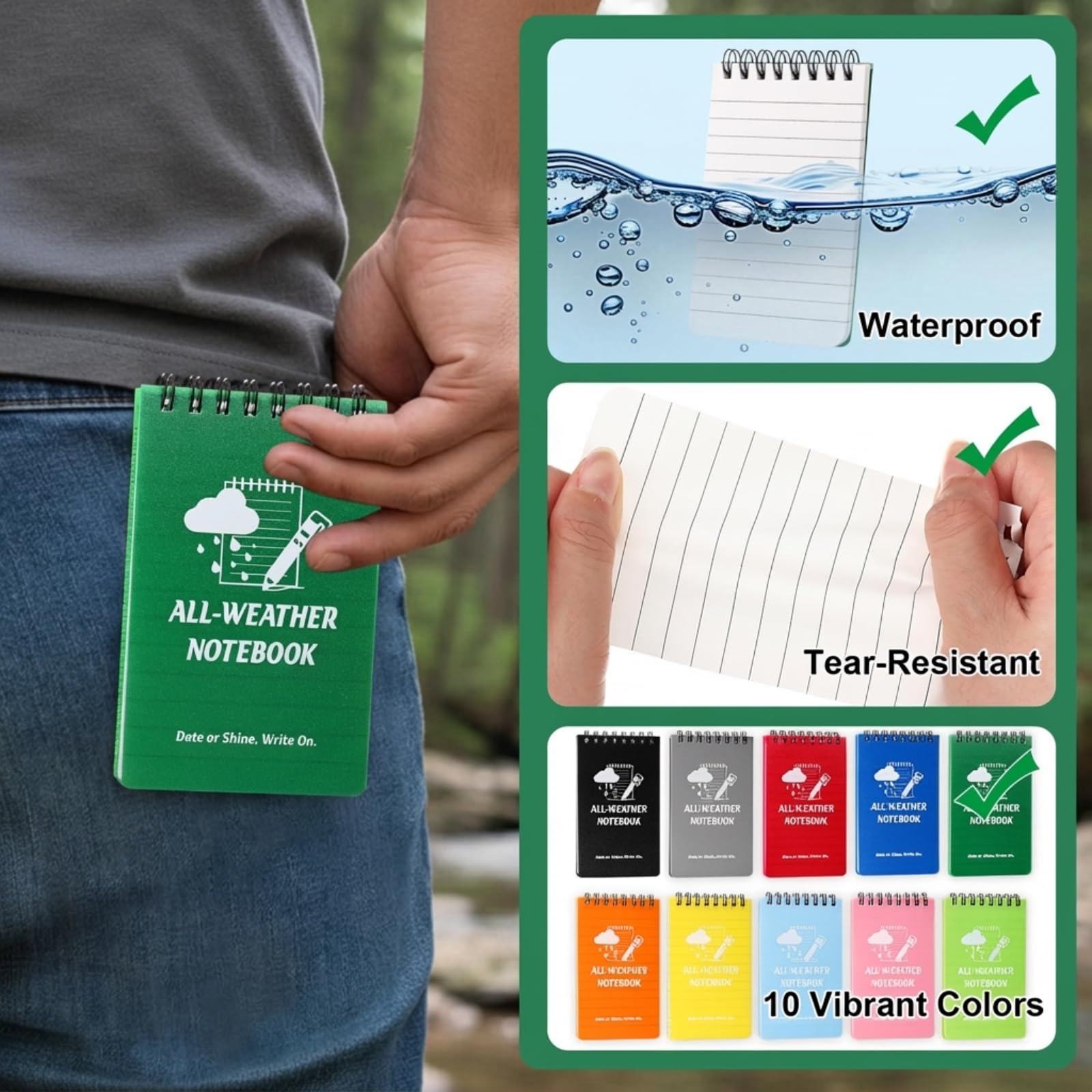 Paquete de 20 cuadernos de bolsillo impermeables de 3 x 5 pulgadas, bloc de notas en espiral superior, resistente a la intemperie, mini bloc de notas en espiral con 100 páginas a rayas para