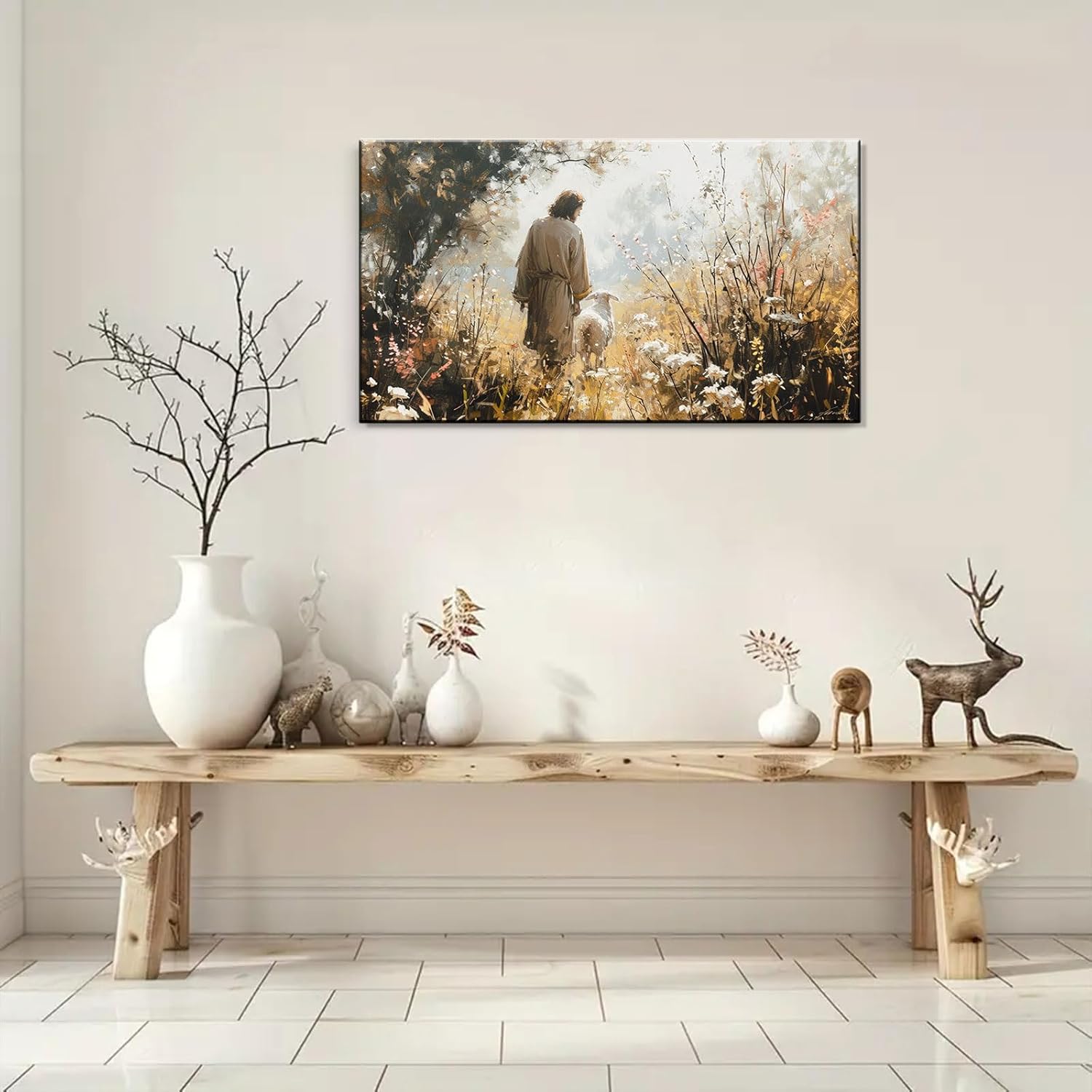 1Pcs Vintage Framed Jesus Lamb Paintings Canvas Wall Art Shepherd Flock Paintings Christian Wall Decor Modern Pictures Religious Art Print for Living Room Bedroom Decoration24x36in