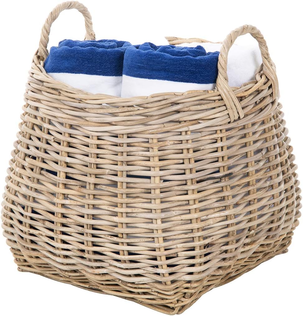 KOUBOO Round Rattan Kobo Belly Basket with Ear Handles, Decorative Storage Basket for Pillows, Throws and Toys, Gray-Brown