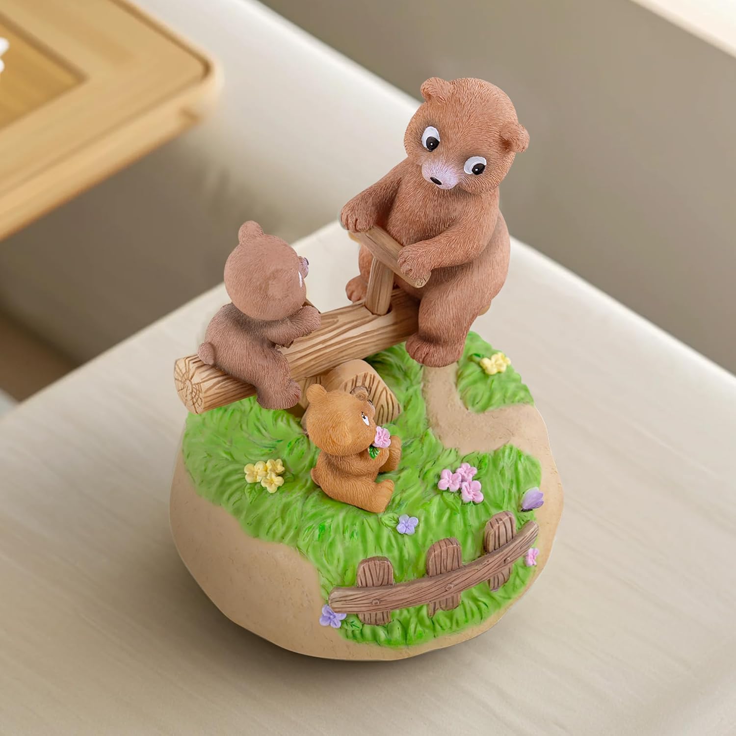 AIDLNS Bear's Sunshine Seesaw - Handcrafted Resin Bear Music Box with Rotating Base & Moving Seesaw, Plays You are My Sunshine – Collectible Figurine Gift for Kids, Family & Home Decor