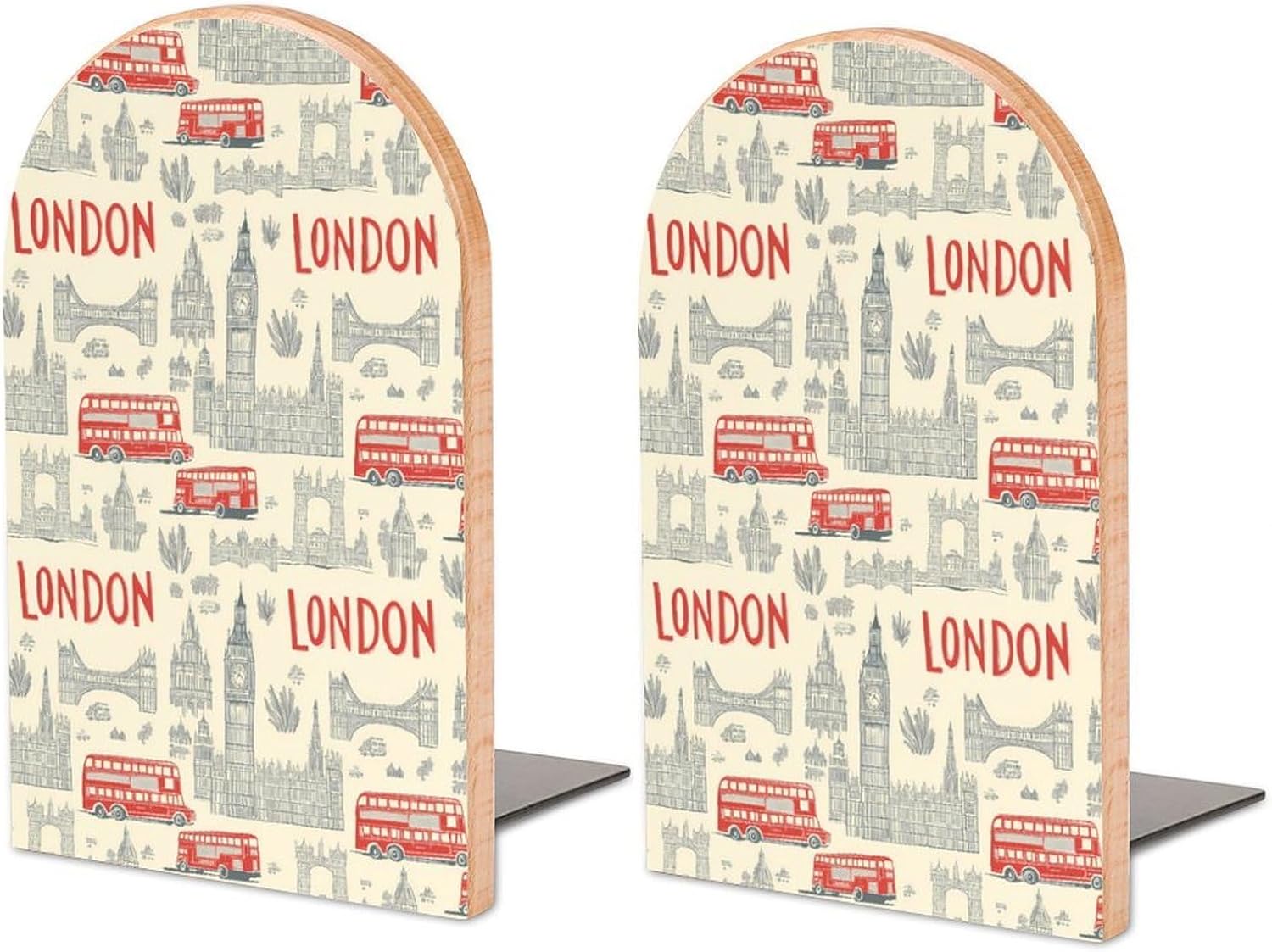 London English Cute Wood Book Ends Decorative Bookends 1 Pair Non-Skid for Shelves Home Office 7 X 5 Inch