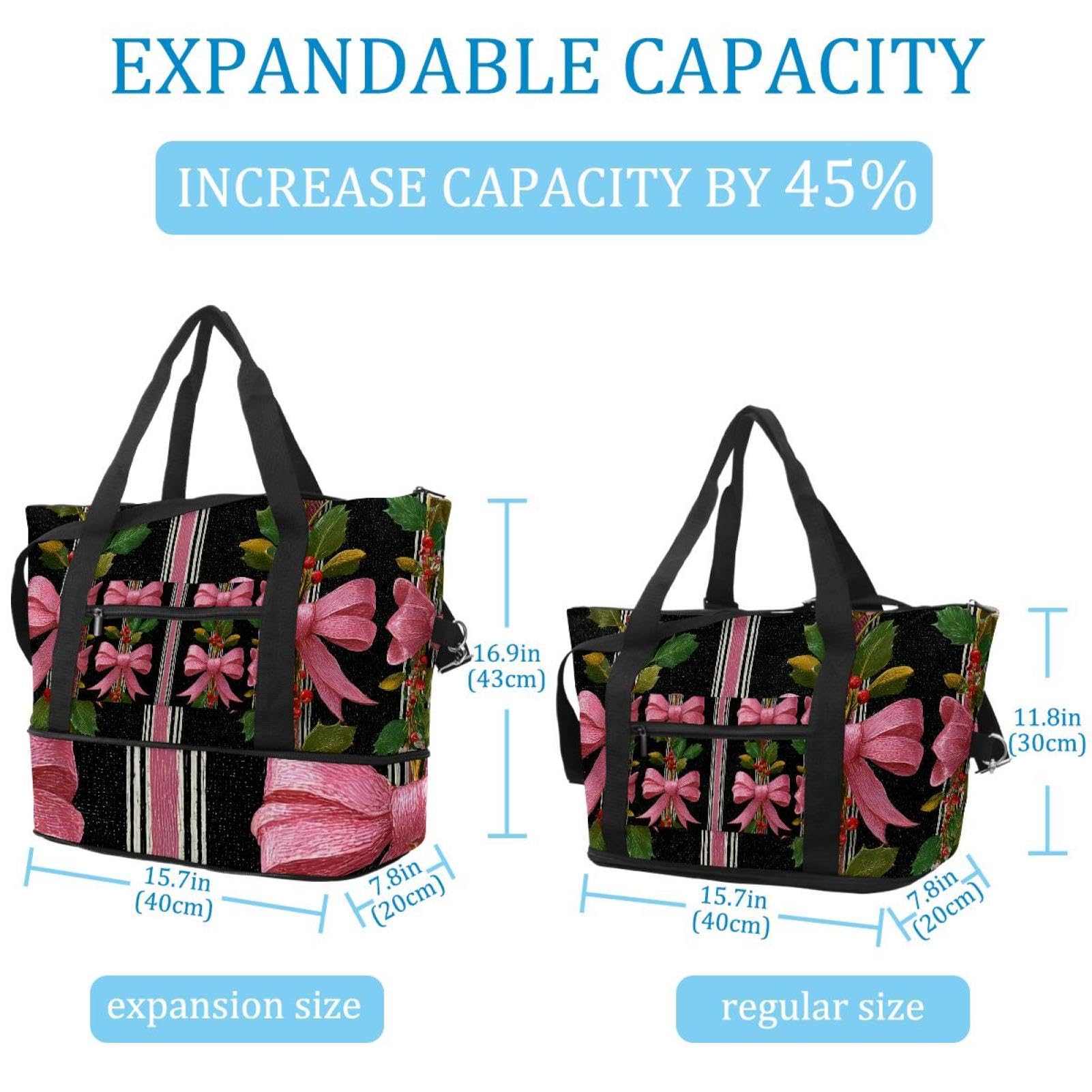 Reisetasche, rosa Schleifen, Blätter, erweiterbar, Wochenende, Übernachtung, wasserdicht, Sport, Fitnessstudio, Krankenhaustasche, Mehrfarbig 1, Eine Größe, Reisetasche
