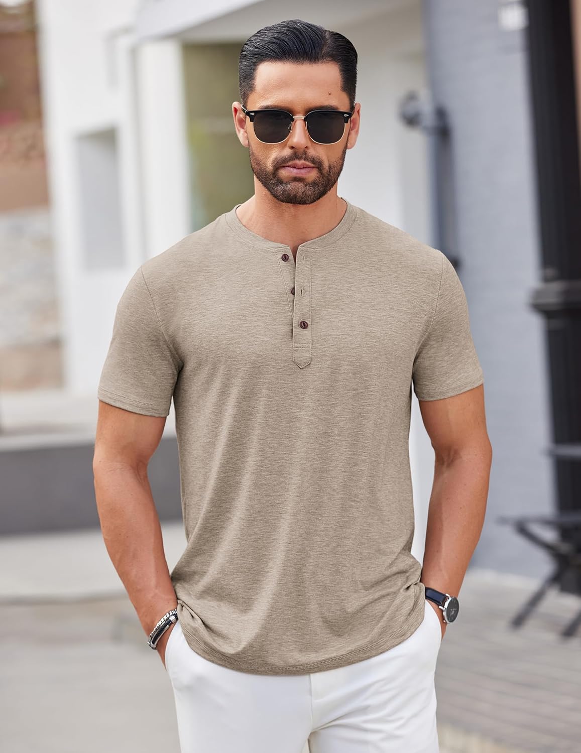 COOFANDY Men's Henley Shirts Short Sleeve Casual Basic Tee Summer Button Henley Soild T Shirts - Image 4