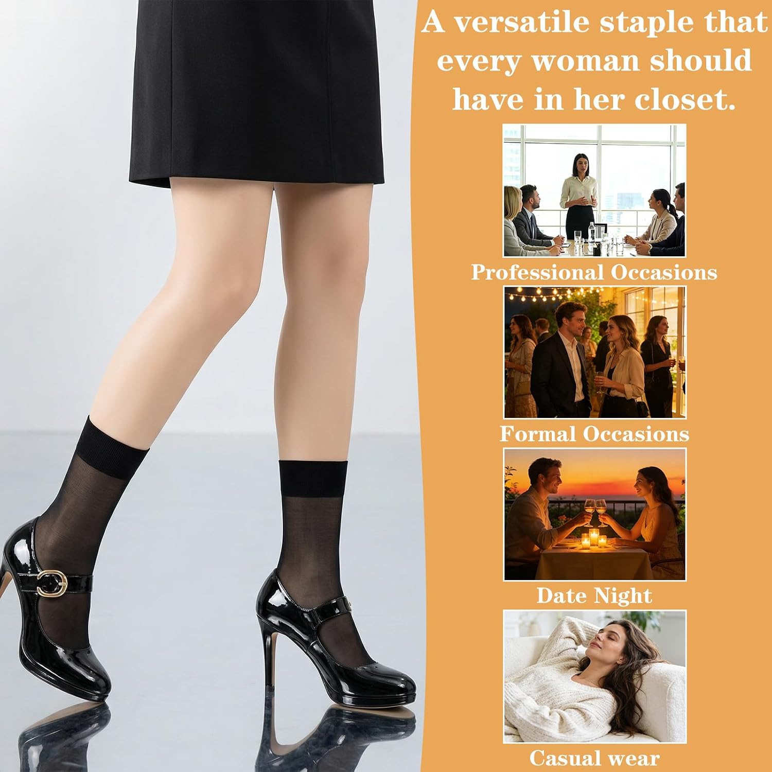 Nylon Socks for Women, 6 Pairs Ankle High Sheer Socks Black Crew Stocking, Women's Summer Nylon Stockings Transparent Stockings with Reinforced Toes Elastic Stocking for Women