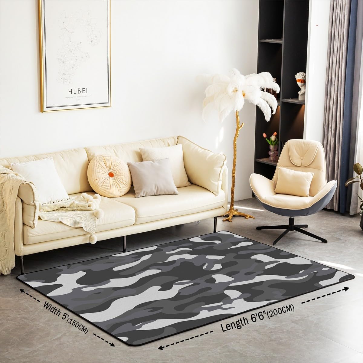 Erosebridal Grey Camo Area Rug 5x7 Camouflage Army Rug Military Abstract Carpet for Kids Boys Girls Black Gray Simple Non Slip Washable Decorative Rug for Living Room