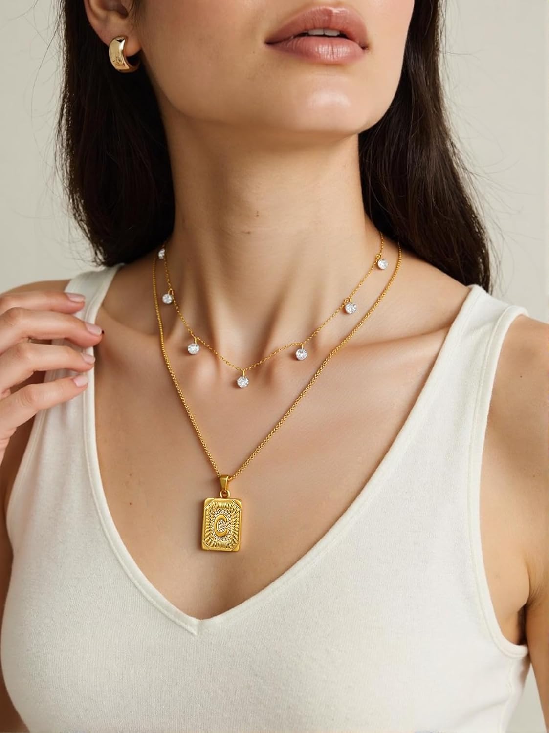 18K Gold Plated Layered Initial Necklace for Women, 2-Layer Rhinestone Choker and Letter Pendant Necklace, Adjustable 18"+2" Dainty Personalized Jewelry, Custom Alphabet Name Necklace Gift for Her