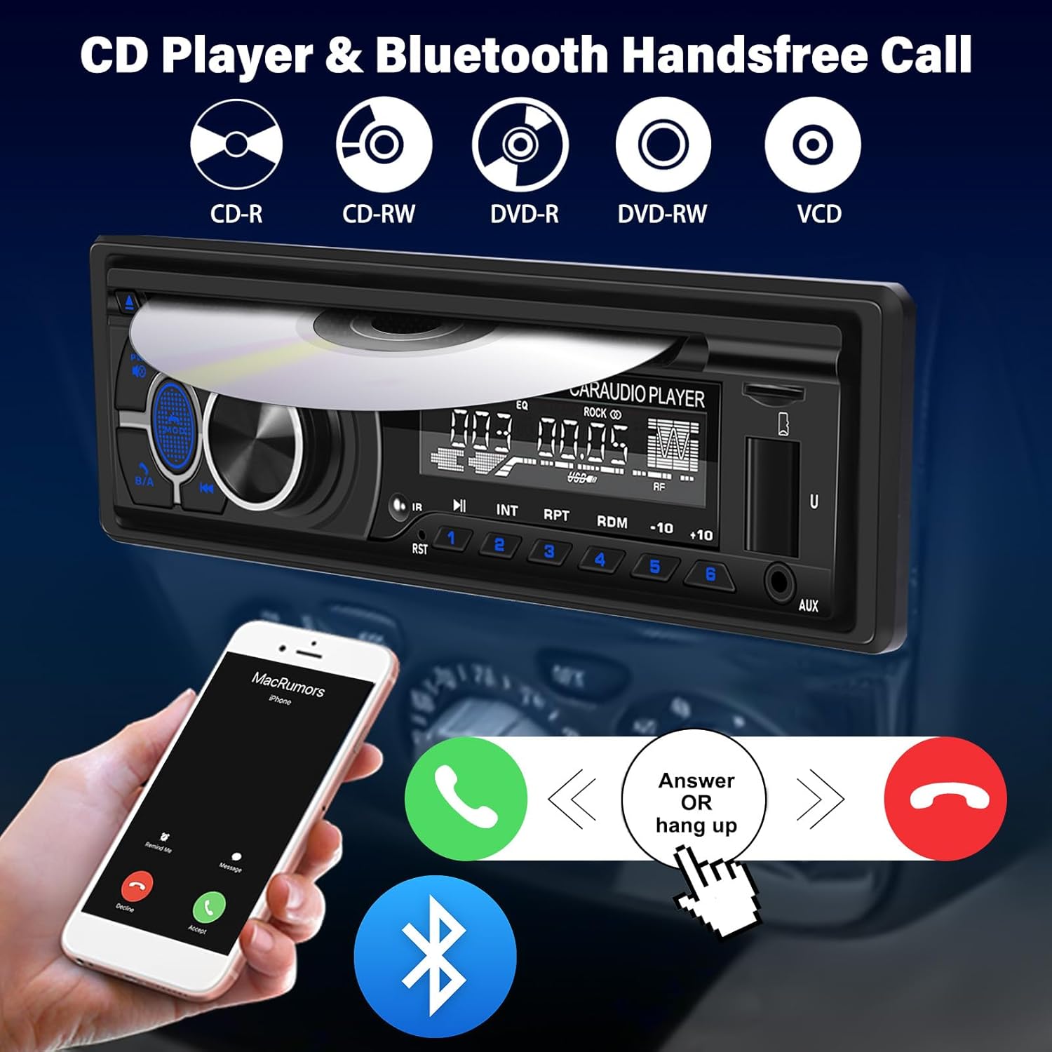 UNITOPSCI Single Din CD DVD Player Car Stereo with Bluetooth 5.0 Hands-Free, LCD Screen AM/FM Car Radio, Car Audio Receiver Support APP Find Car, Remote Control, Voice Assistant, USB/AUX in/TF