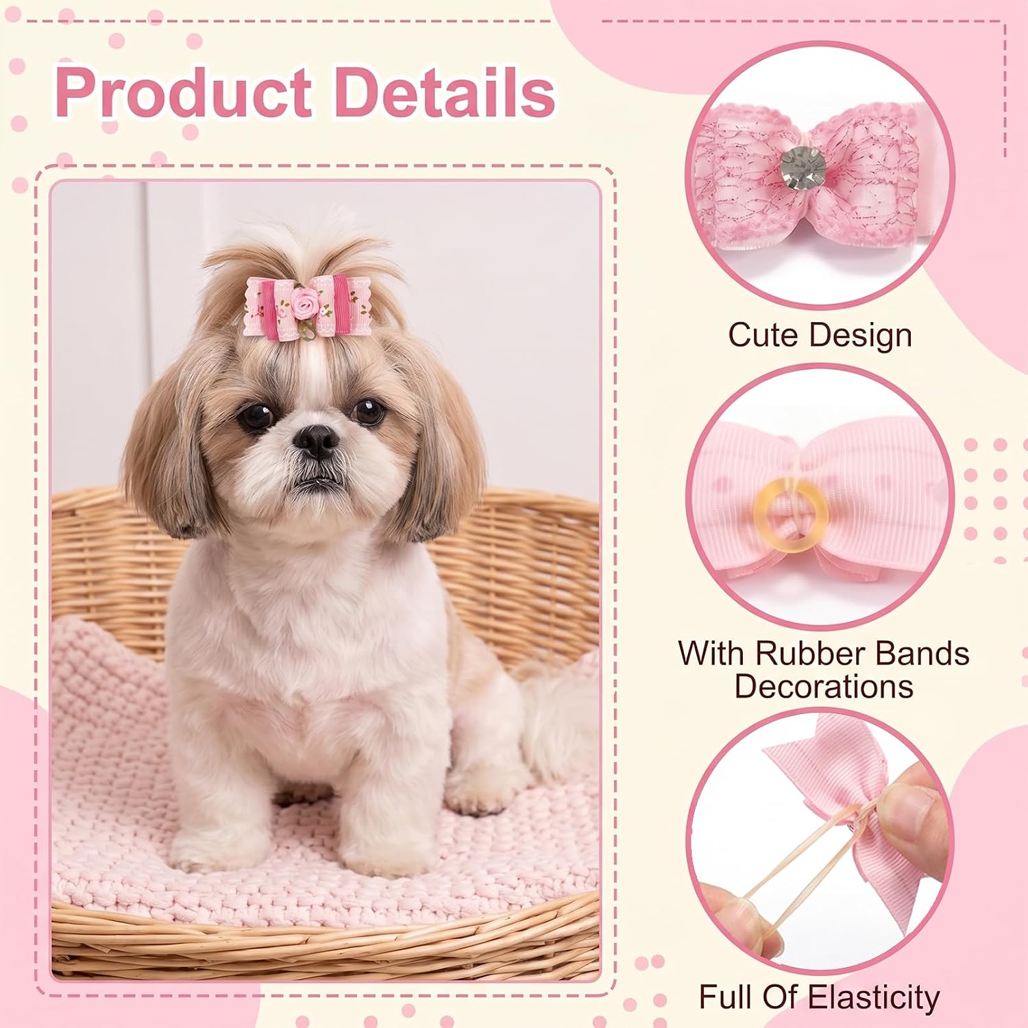 20 Pack Dog Hair Bows, Pink Puppy Hair Bows with Rubber Bands image 3