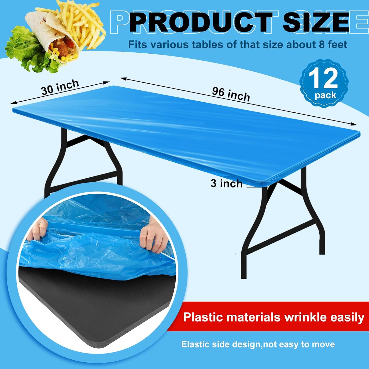 boao 12 pcs plastic table cloths disposable for parties picnic table covers with fall elastic fitted elastic cover rectangle waterproof for thanks giving christmas picnic(8 ft, 96 x 30 inch,blue) 8 ft, 96 x 30 inch blue