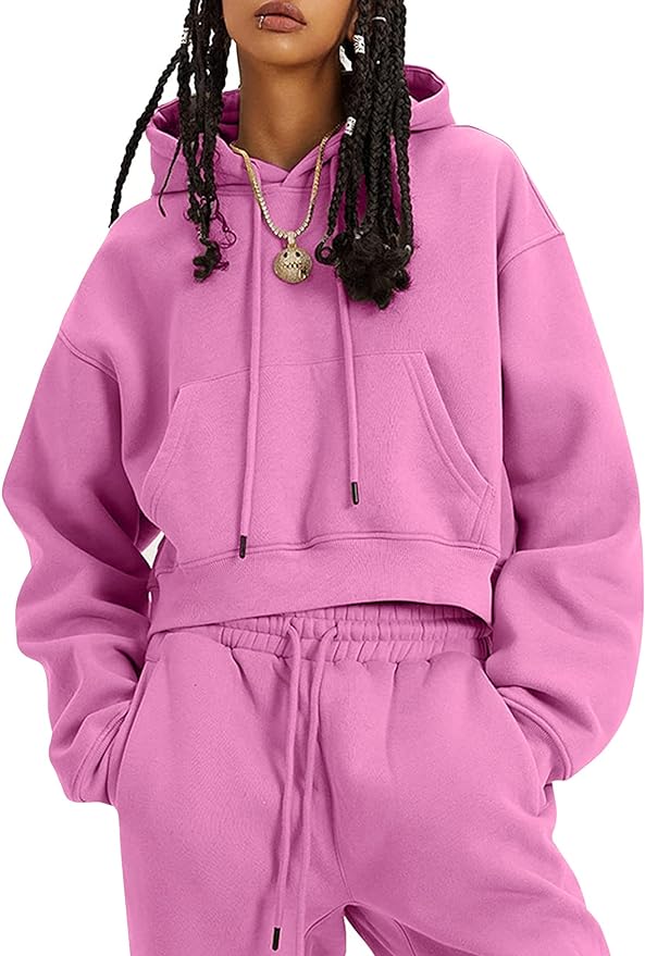 Flygo Womens Fleece 2 Piece Outfits Sweatsuit Crop Pullover Sweatshirt Joggers Pants Tracksuit Set