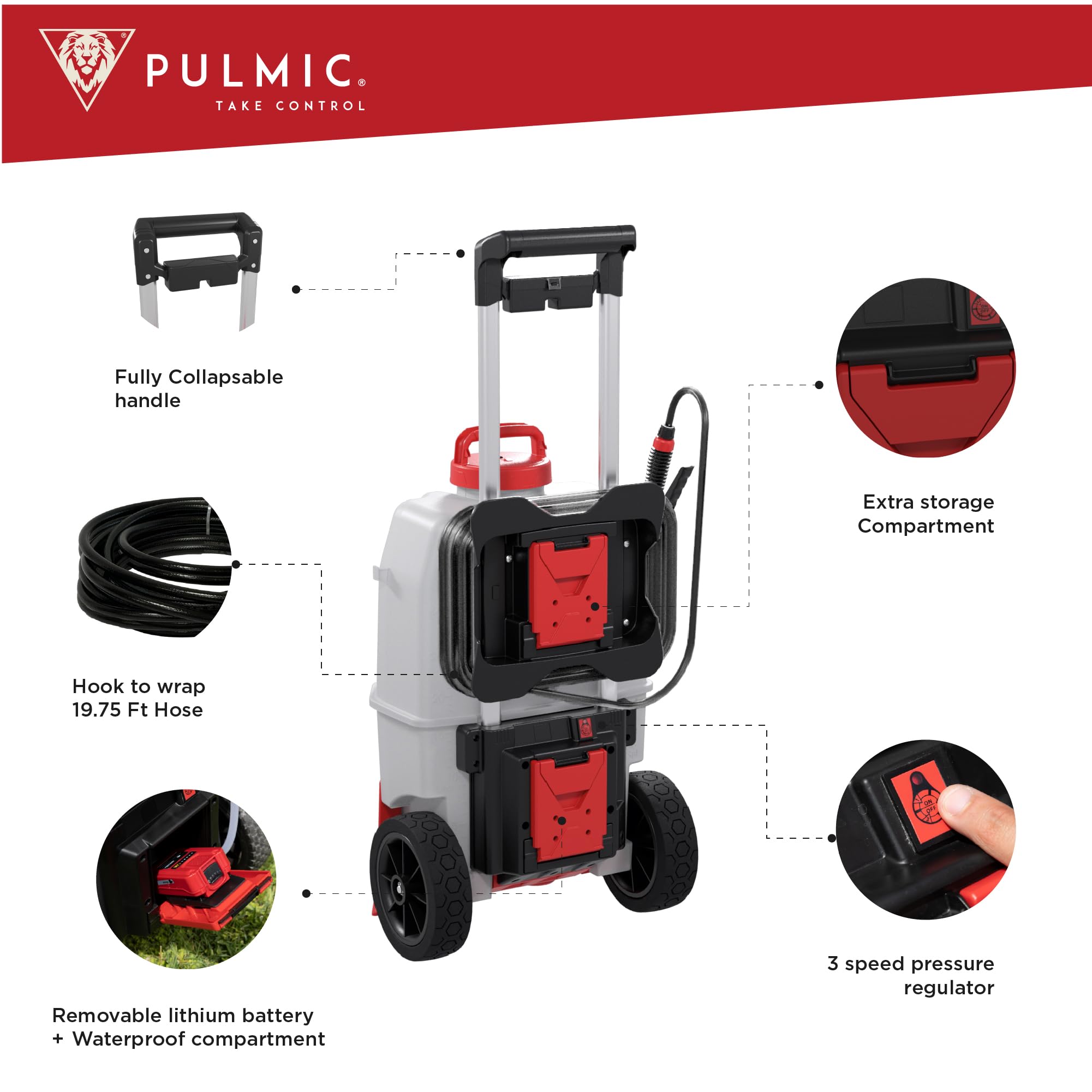 Pulverizador Eléctrico con Ruedas PULMIC Pegasus 35L. 3 Velocidades de Pulverización hasta 4 Bar, 7 Horas de Autonomía y Manguera de 6M. Bateria de Litio 18V. Fumigadora Pulverizador.PULMIC