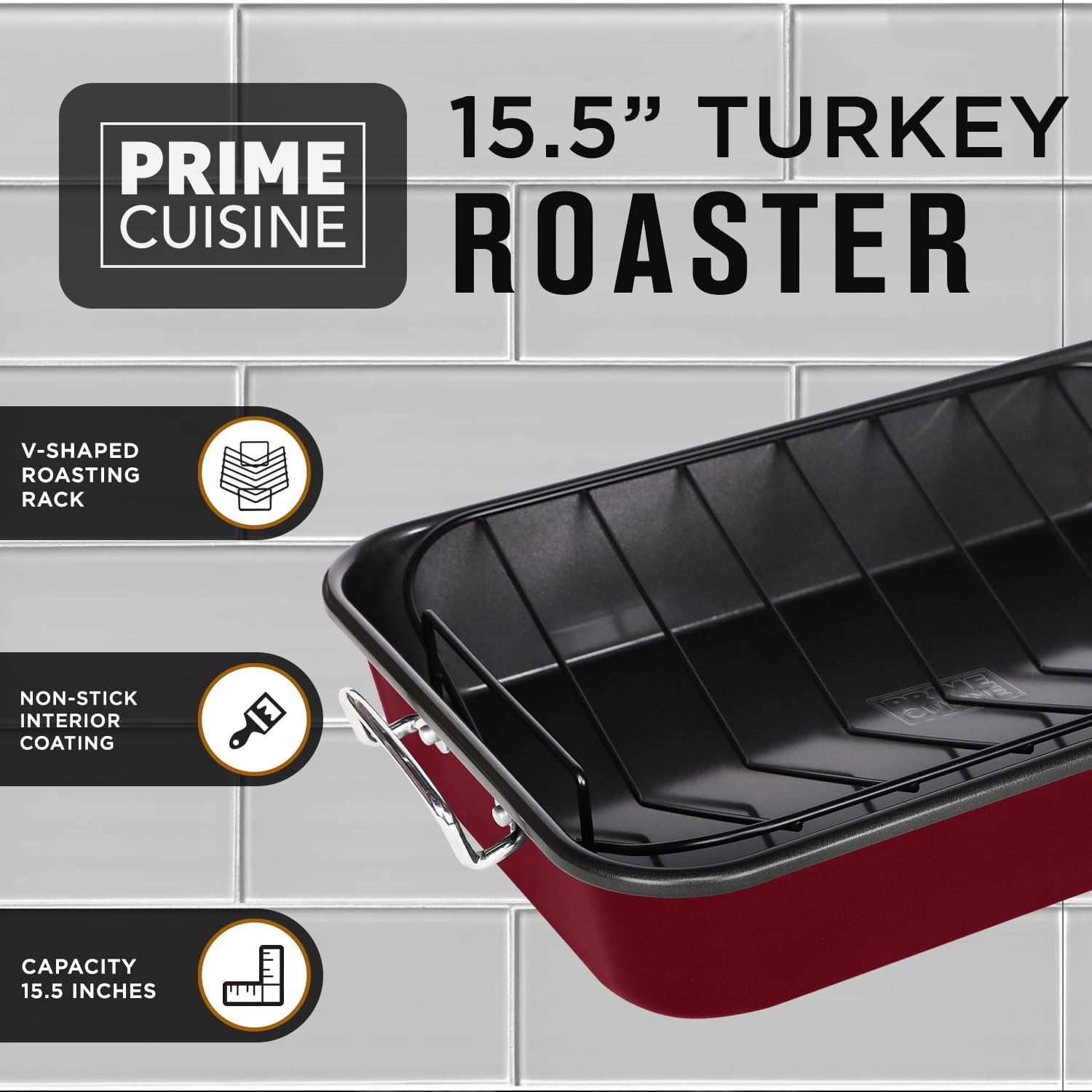 Roasting Pan with Rack – 15.75" Turkey Roaster Pan with V-Rack, Nonstick Oven Pan for Cooking, Baking & Roasting – Sturdy Handles for Easy Transport, Easy Cleanup, Burgundy - Image 4