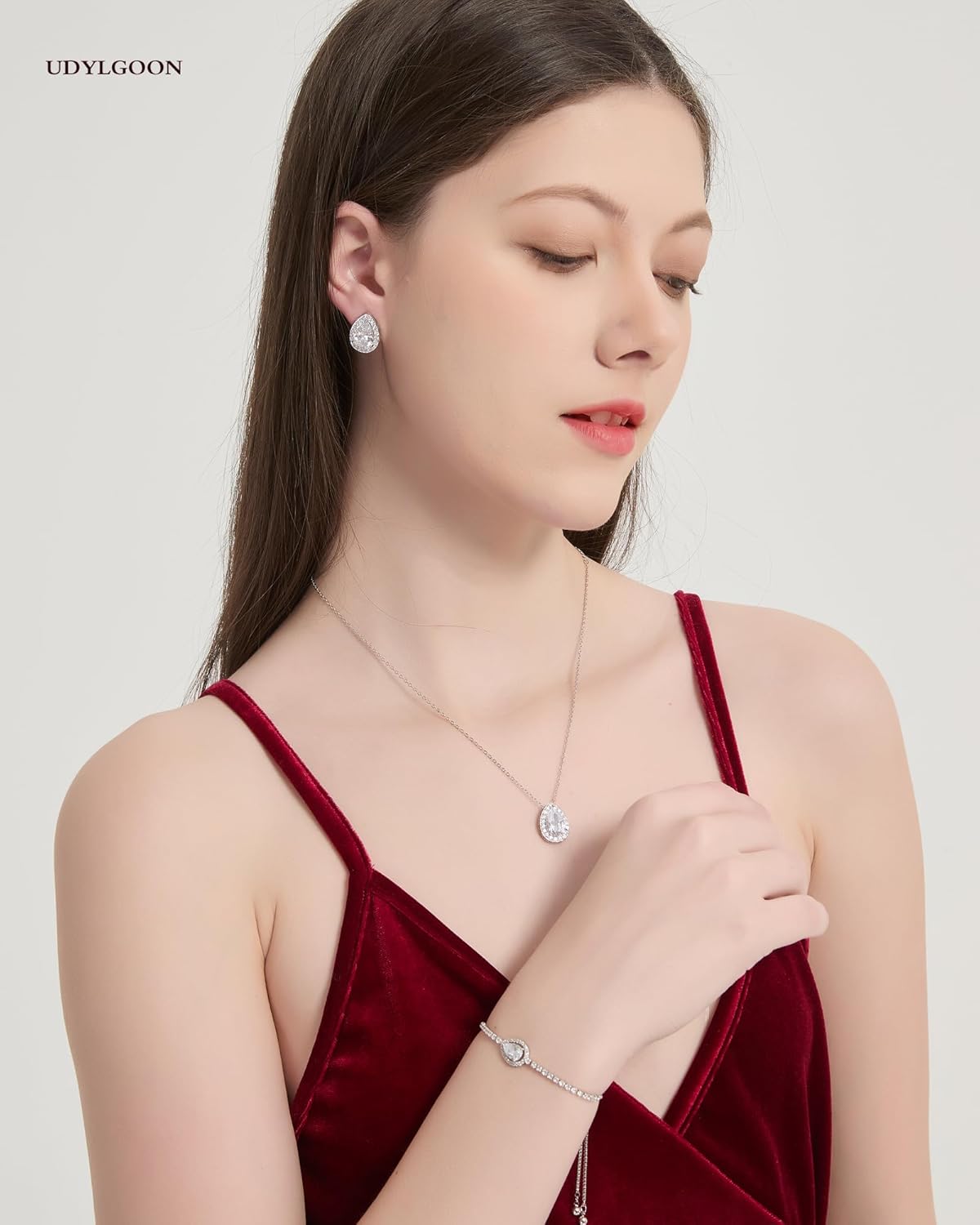 UDYLGOON Teardrop Cubic Zirconia Jewelry Set for Bride & Bridesmaids, Grade Imitation Diamond Earrings Necklace & Adjustable Bracelet, Hypoallergenic Bridal Jewelry for Wedding, Prom, Formal - Image 3