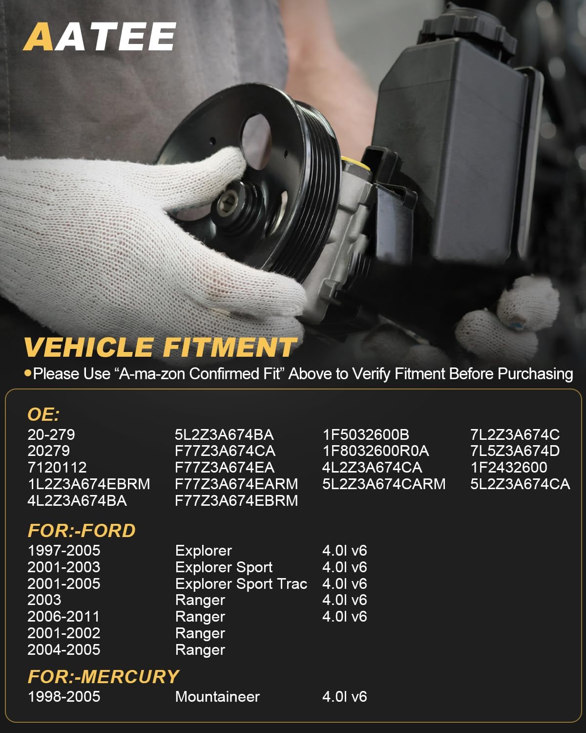 AATEE Power Steering Pump for:-Ford Explorer 1997-2005, Ranger 2001-2011, Explorer Sport 2001-2003 for:-Mercury Mountaineer 1998-2005 4.0L V6 Replace# 20-279 20279 7120112 1L2Z3A674EBRM 4L2Z3A674BA
