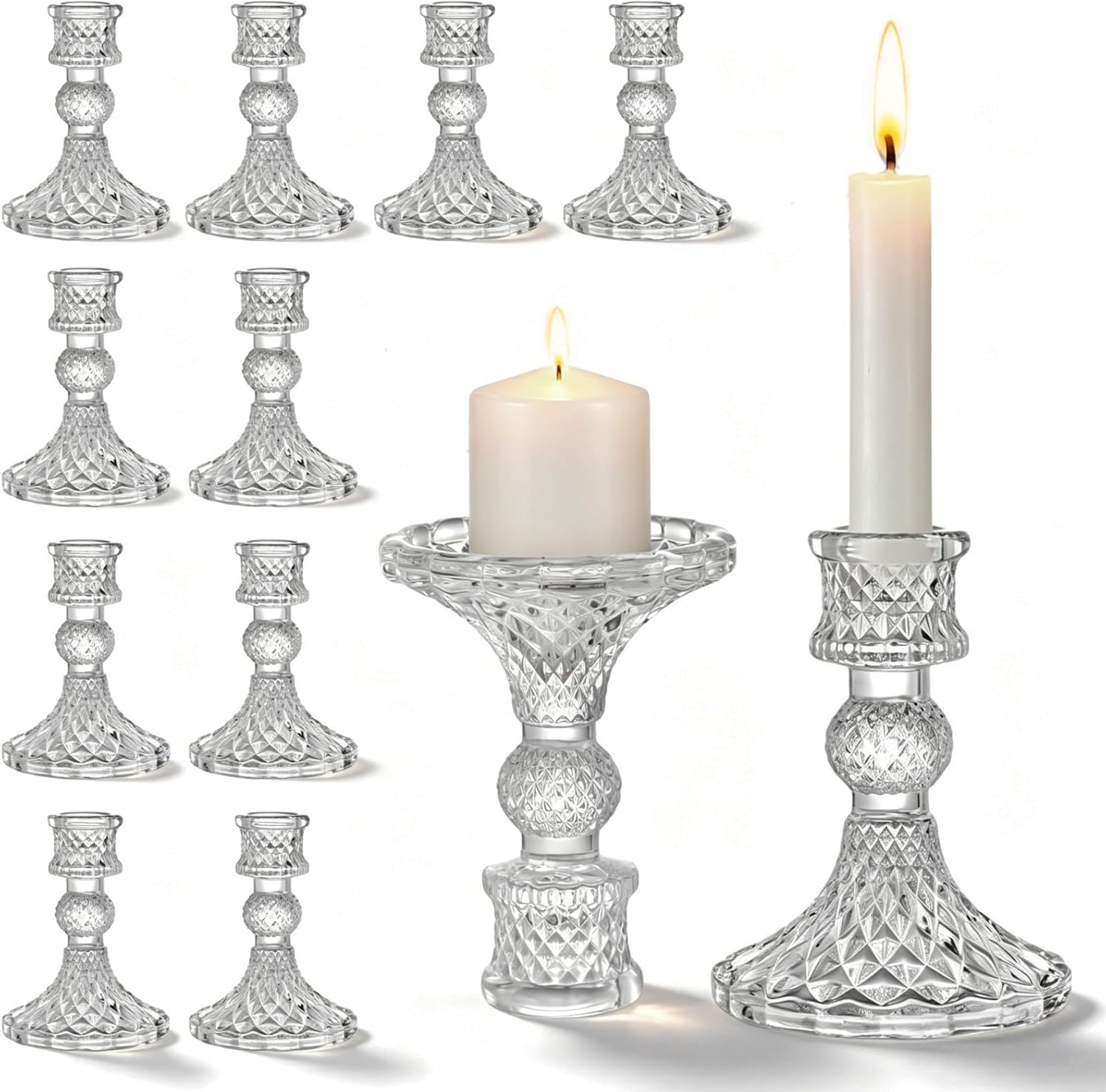 AVLA 12 Pack Crystal Candle Holders, Clear Taper Candlestick, Thick Glass Candle Stand, Small Centerpiece for Table, Wedding, Party, Church, Windowsill Decor, Home Decoration, Diamond Pattern