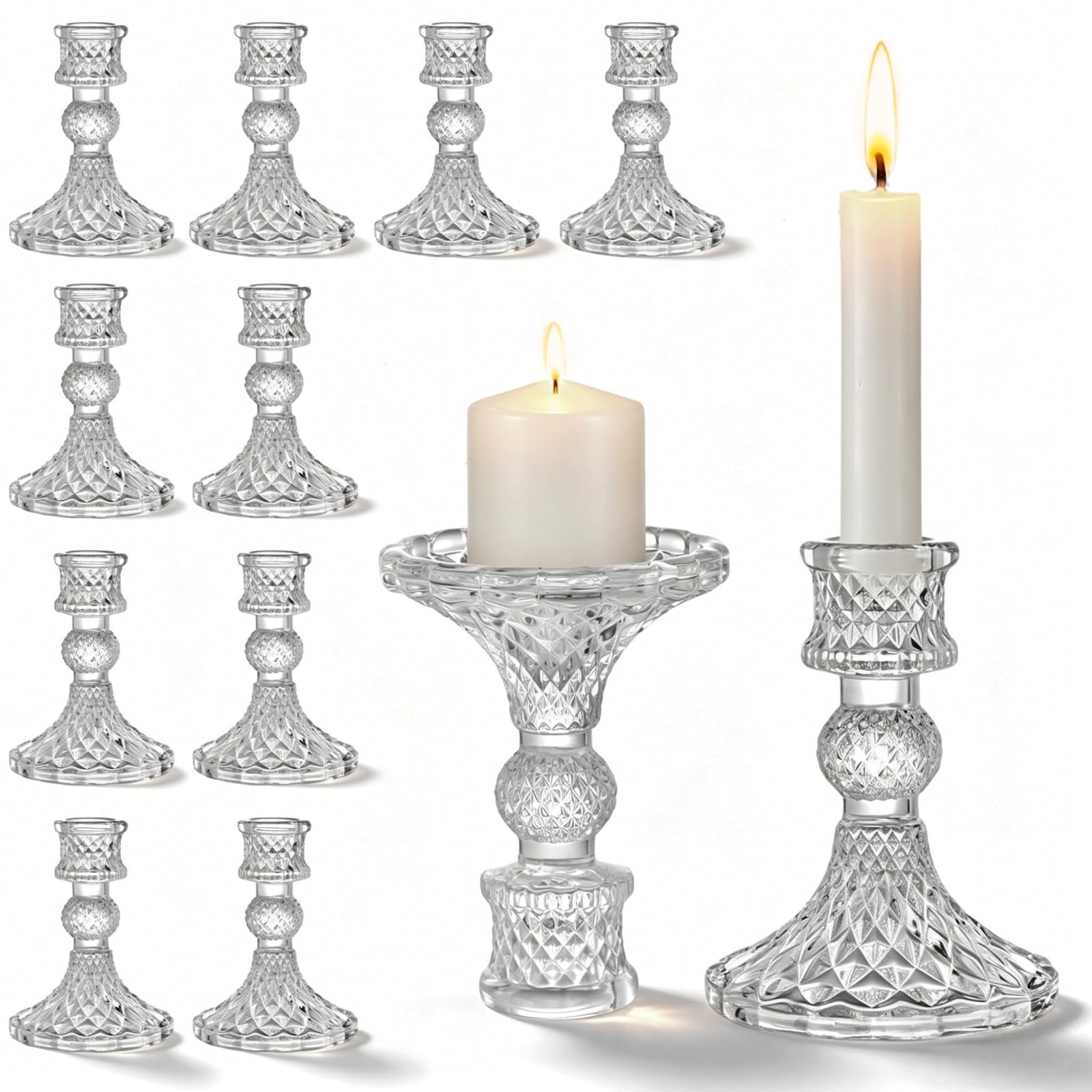 AVLA 12 Pack Crystal Candle Holders, Clear Taper Candlestick, Thick Glass Candle Stand, Small Centerpiece for Table, Wedding, Party, Church, Windowsill Decor, Home Decoration, Diamond Pattern
