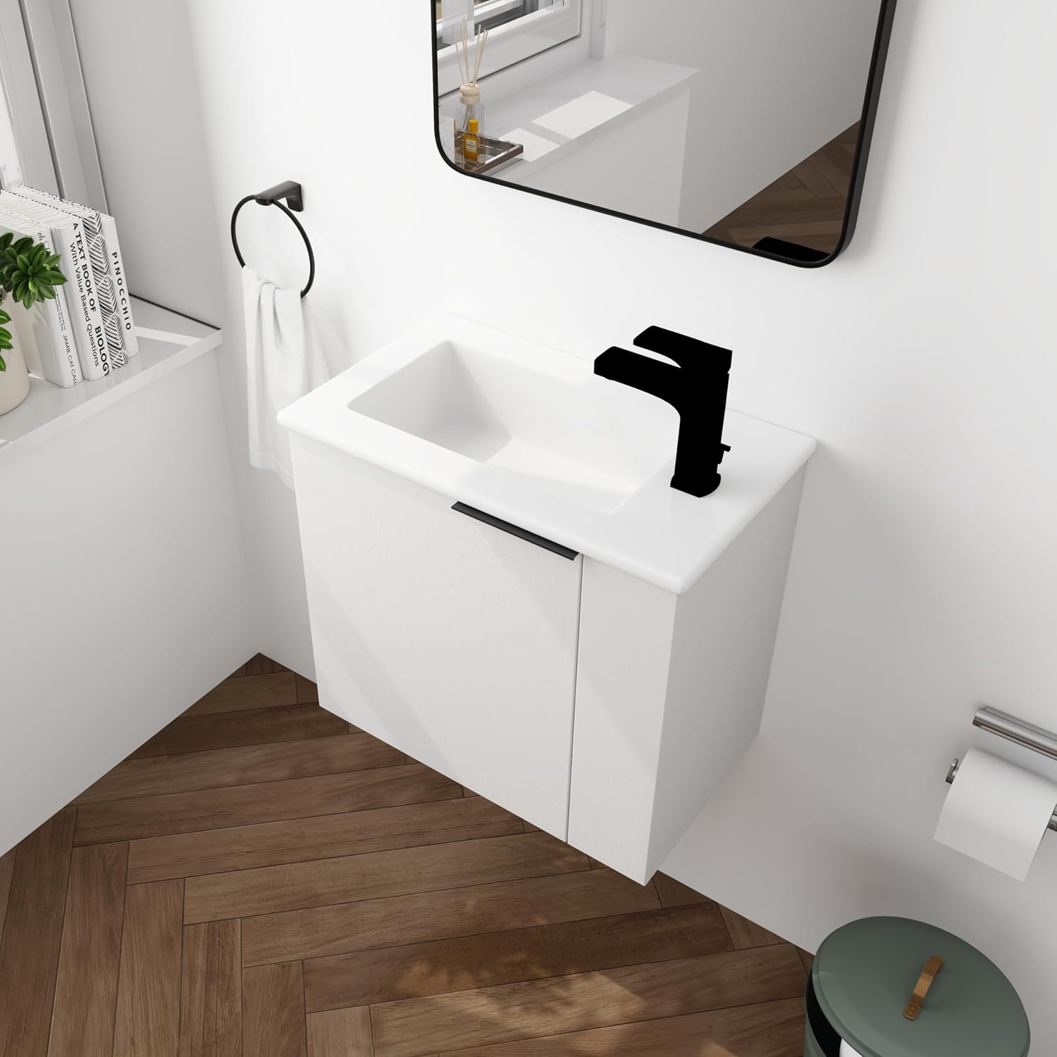 22" Bathroom Vanity with Sink, 22 Inch Floating Vanity with Ceramic Basin, Modern Single Sink Bathroom Vanity Combo, Grey Wall Mounted Cabinet Set for Small Space(BN-002)