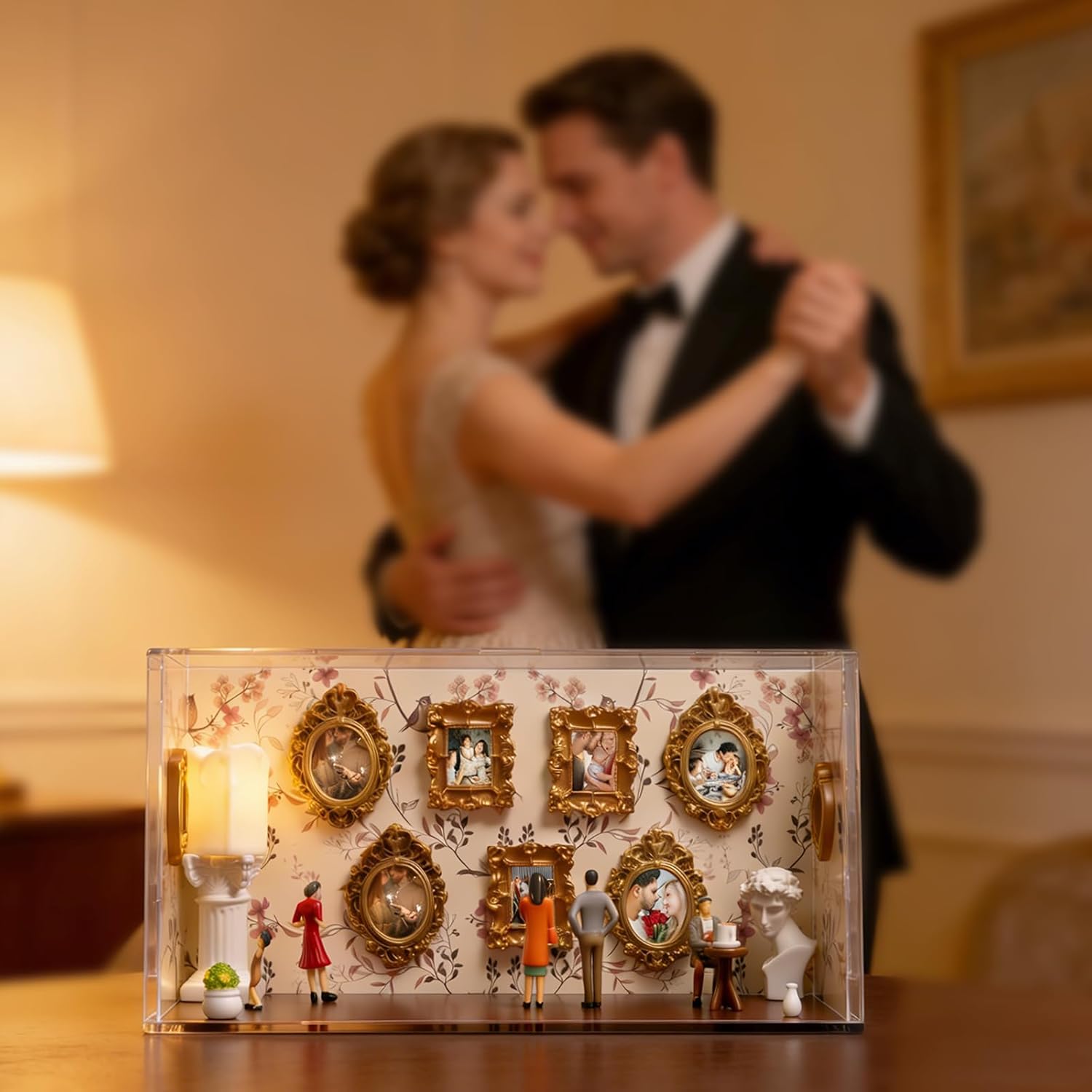 DIY Mini Museum of Us Silhouette Shadow Box Frame Kit with 9 Mini Gold Frames & 5 Figurines, Create Personalized Memory Display for Anniversary, Wedding, Birthday Gift
