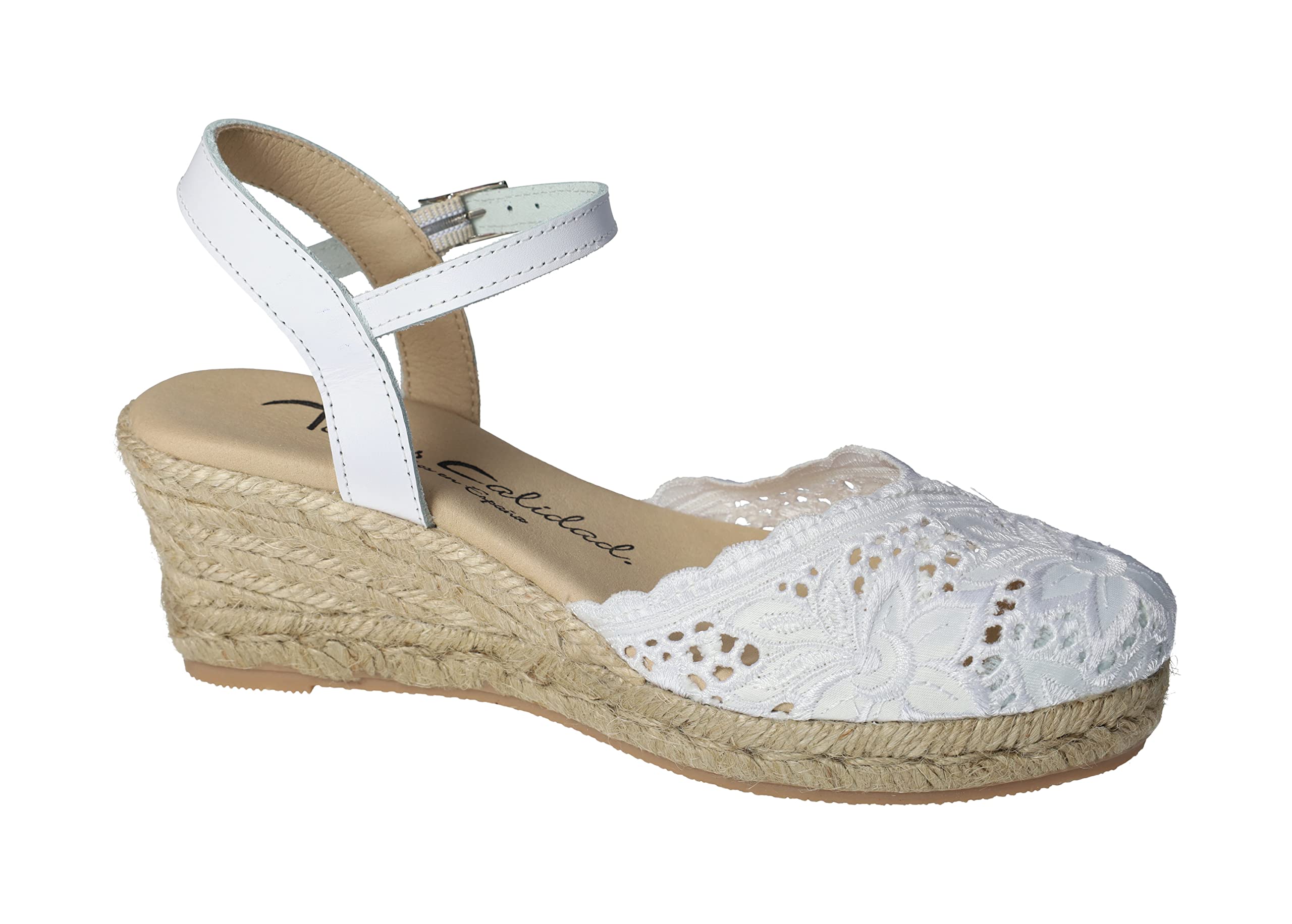 TORRES 5004 Alpargatas de Encaje Blancas para Señora con Suela de Esparto y Hebilla Mujer Alpargatas Blanco 35