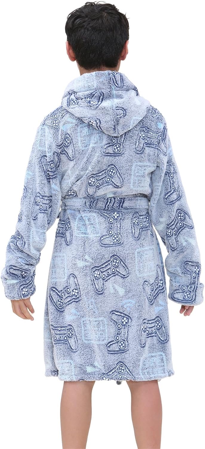A2Z 4 Kids Girls Boys Luxury Fleece Plush Fabric Hooded Glow In The Dark Dressing Gown Game Controllers Navy Super Soft Robe