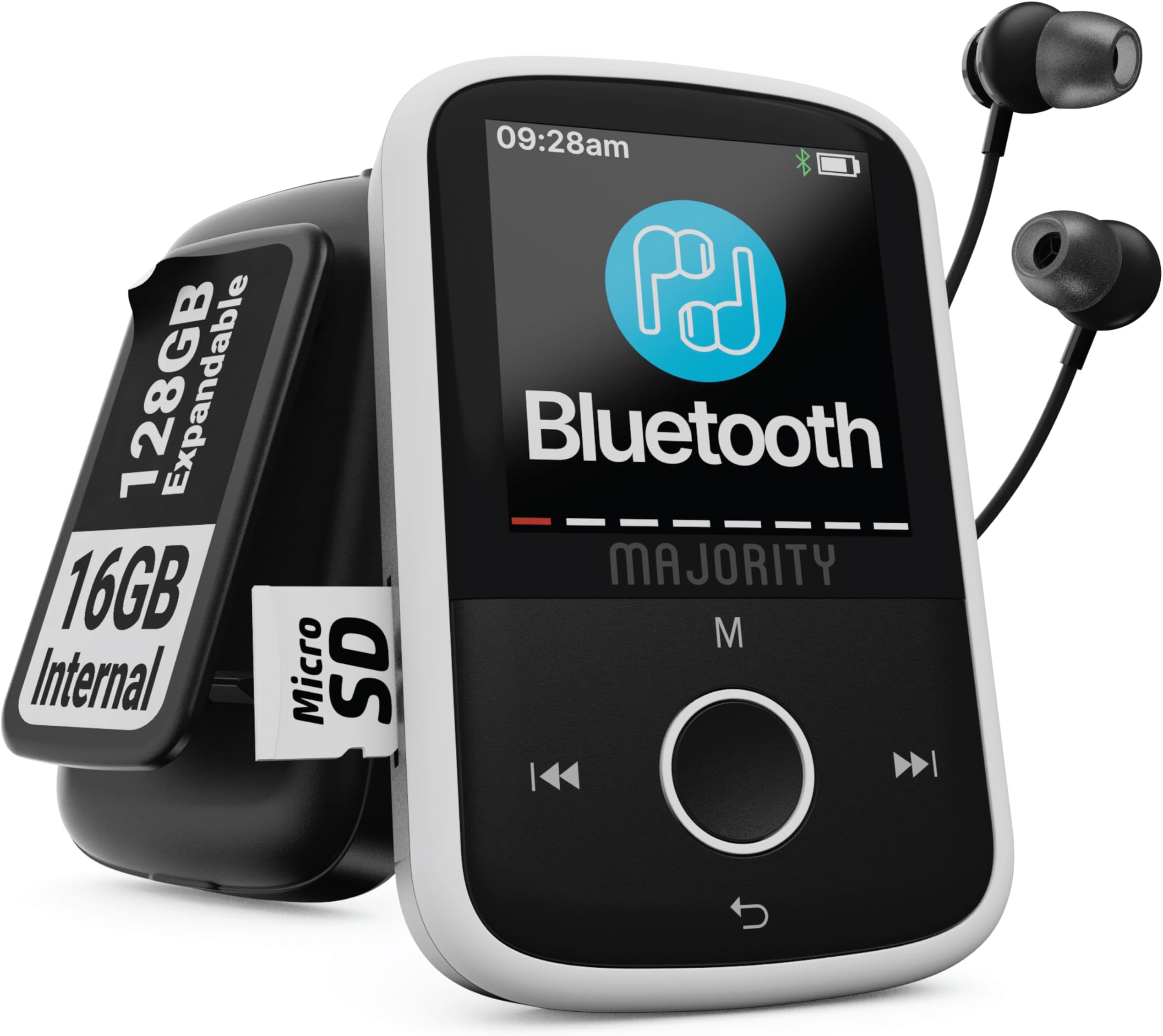 Bluetooth MP3 Player with Sports Clip | Wired Headphones Included | Expandable to 128GB | HD Color Display, 34 Hours Battery Life | SD & USB-C | MAJORITY MP3 GO