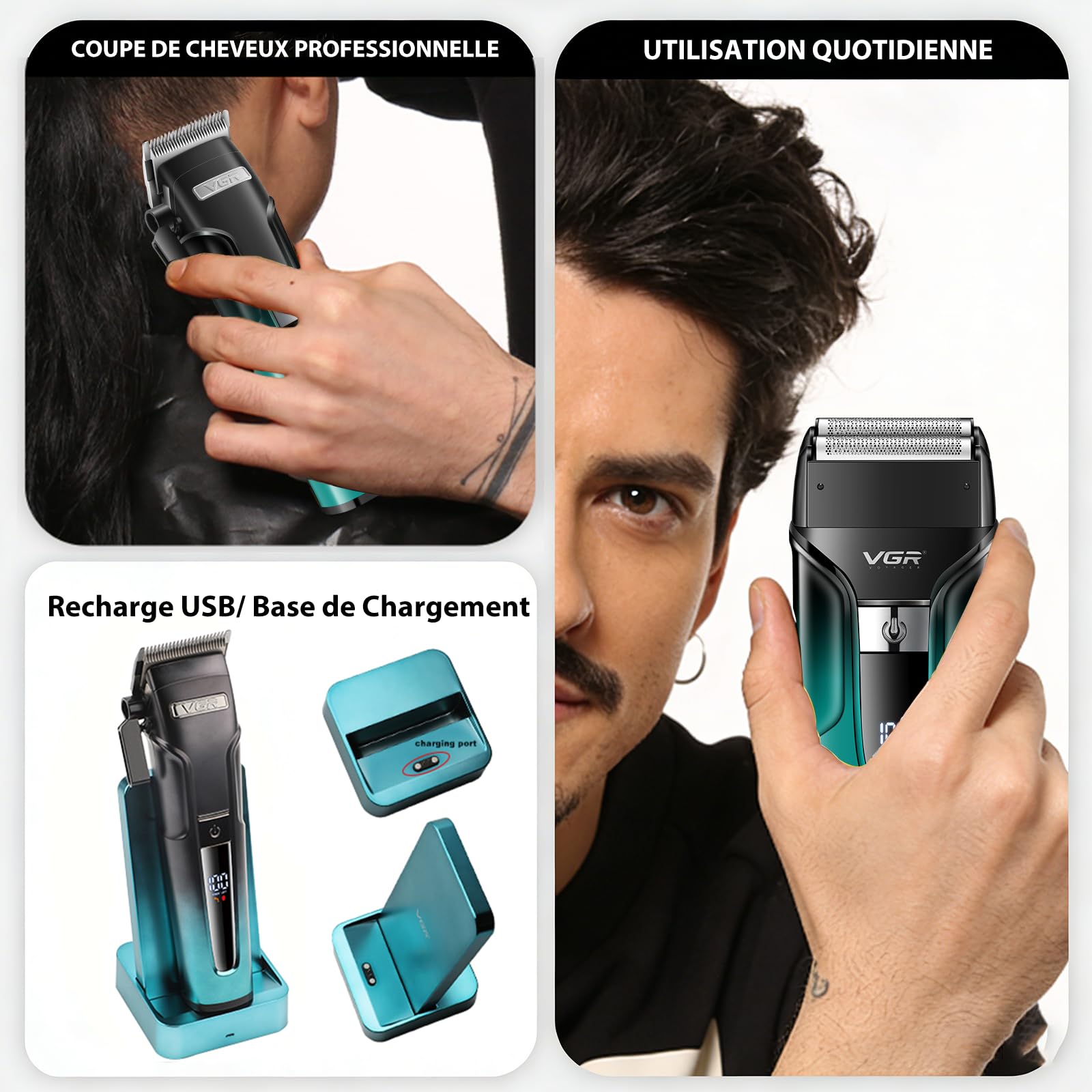 VGR 694 Tondeuse Cheveux Hommes Professionnel Kit Équipé Lames en Céramique | Tondeuse Barbe et Cheveux Homme Comprenant Station de Charge Magnétique, Kit Barber Avec Affichage LED