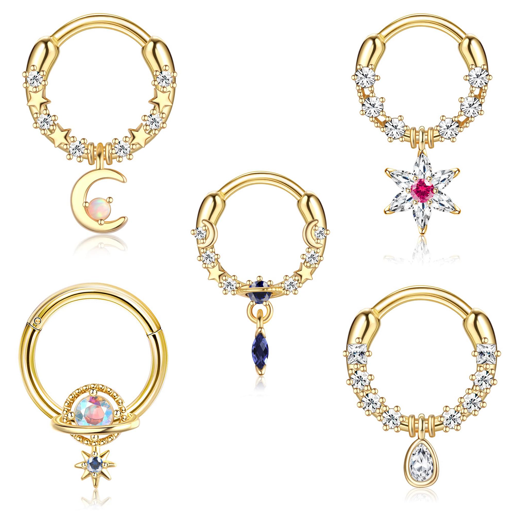 CASSIECA 5 Piezas 8/10MM Piercing Nariz Anillo Para Mujer Acero Quirúrgico Piercing Nariz Helix Tragus Piercing Septum Piercing Cartílago Piercing Oreja Piercing Labio Plata/Oro/Rosa/Negro