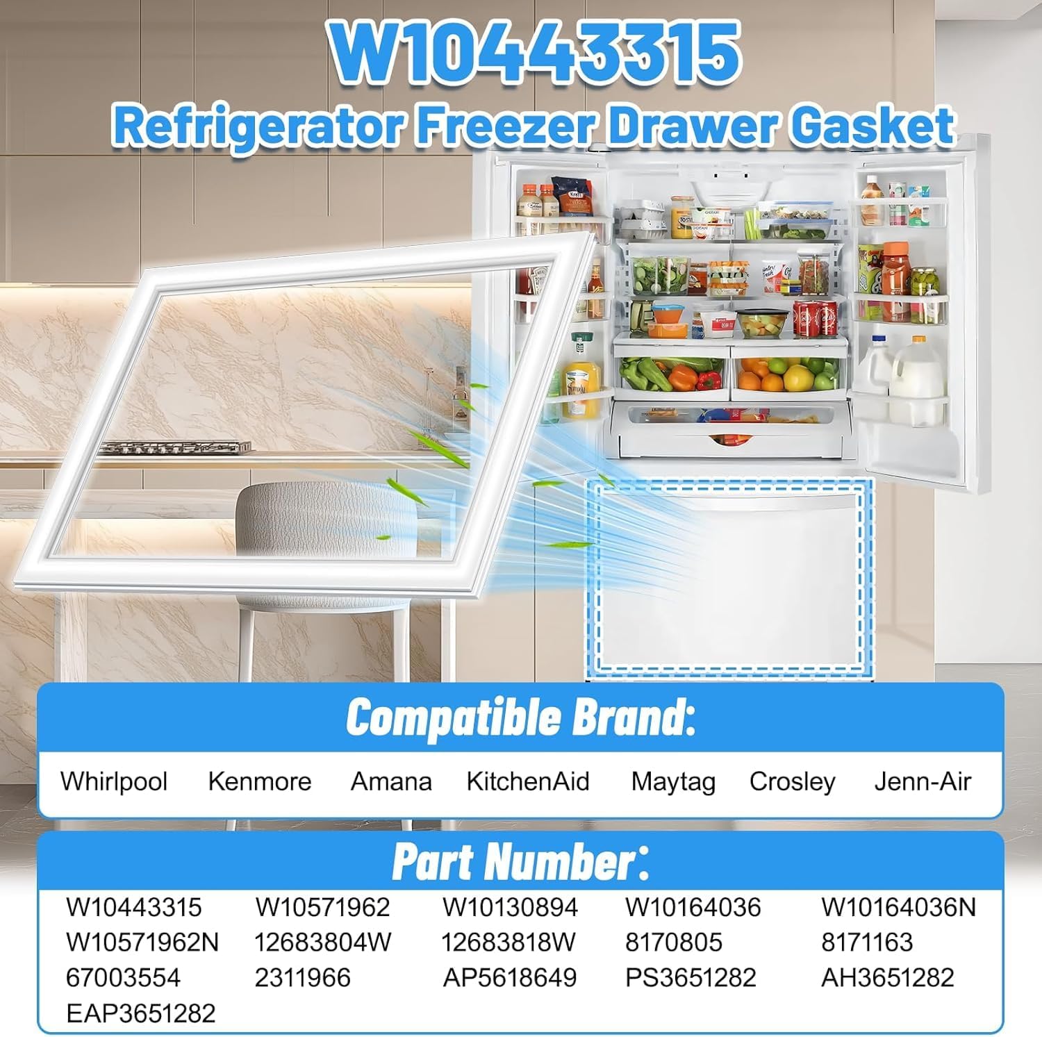 Upgraded W10443315 Freezer Door Gasket Compatible with Whirlpool Maytag Amana KitchenAid Refrigerator Freezer Seal Replacement W10164036 WRF532SMBM01 KRFF302EWH01 Kenmore Refrigerator Door Gasket