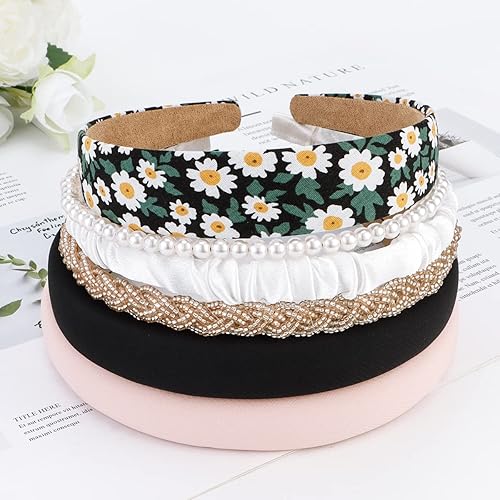 Miniatura 5 de TOBATOBA Juego de 9 diademas de moda para mujeres y niñas, diademas antideslizantes para cabello de mujer, diademas de perlas de flores, colores