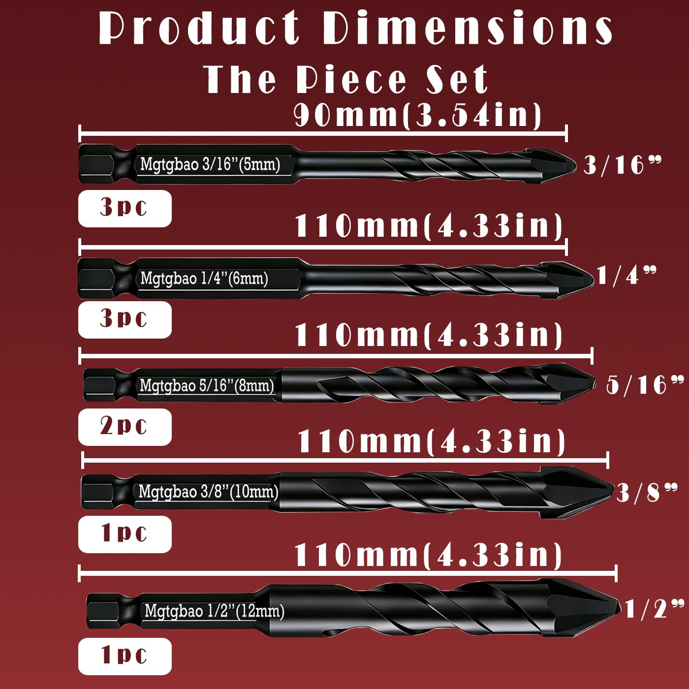 5PC Black 3/8 inch Upgraded Concrete Drill Bit, 10mm Special Crooked Head Eccentric Drill Bit Masonry Drill Bit Set for Plastic Glass Brick Cement Tile Marble Wood.
