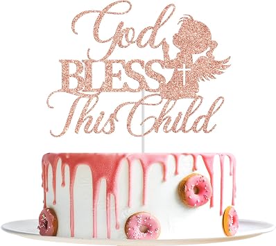 God Bless This Child Cake Topper, Girl Baptism Cake Topper, Religious Baptism Christening Baby Shower 1st Birthday Party Decorations, Rose Gold Glitter