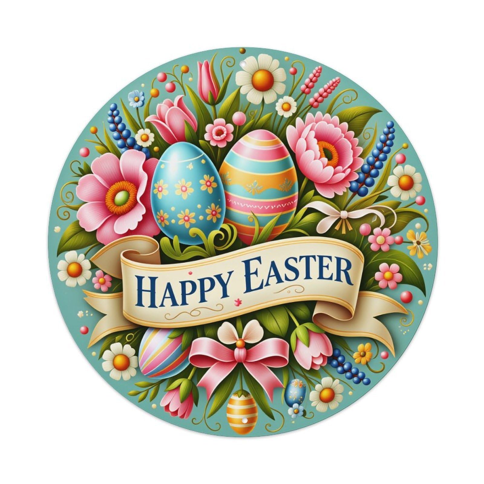 Easter Eggs Flowers Ribbon Spring Metal Tin Sign Vintage Garden Bedroom Cafe Bar Man Cave Home Wall Decor Metal Poster 8x8 inches