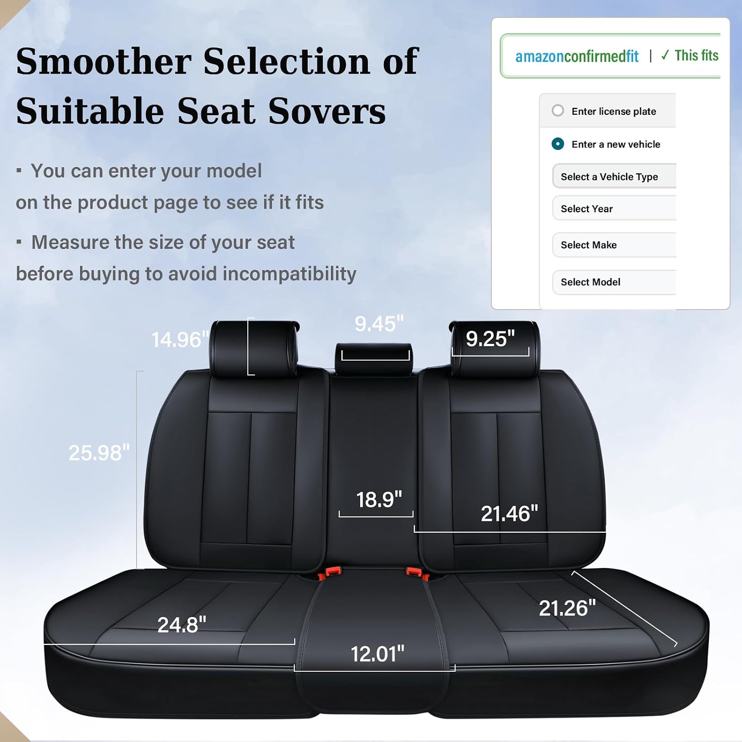 Coverado Car Seat Covers, Back Seat Cover, 3-Pieces Black Rear Car Seat Covers, Waterproof Car Seat Cushion, Car Seat Protector, Leather Seat Cover Seat Protector Universal Fit Most Cars
