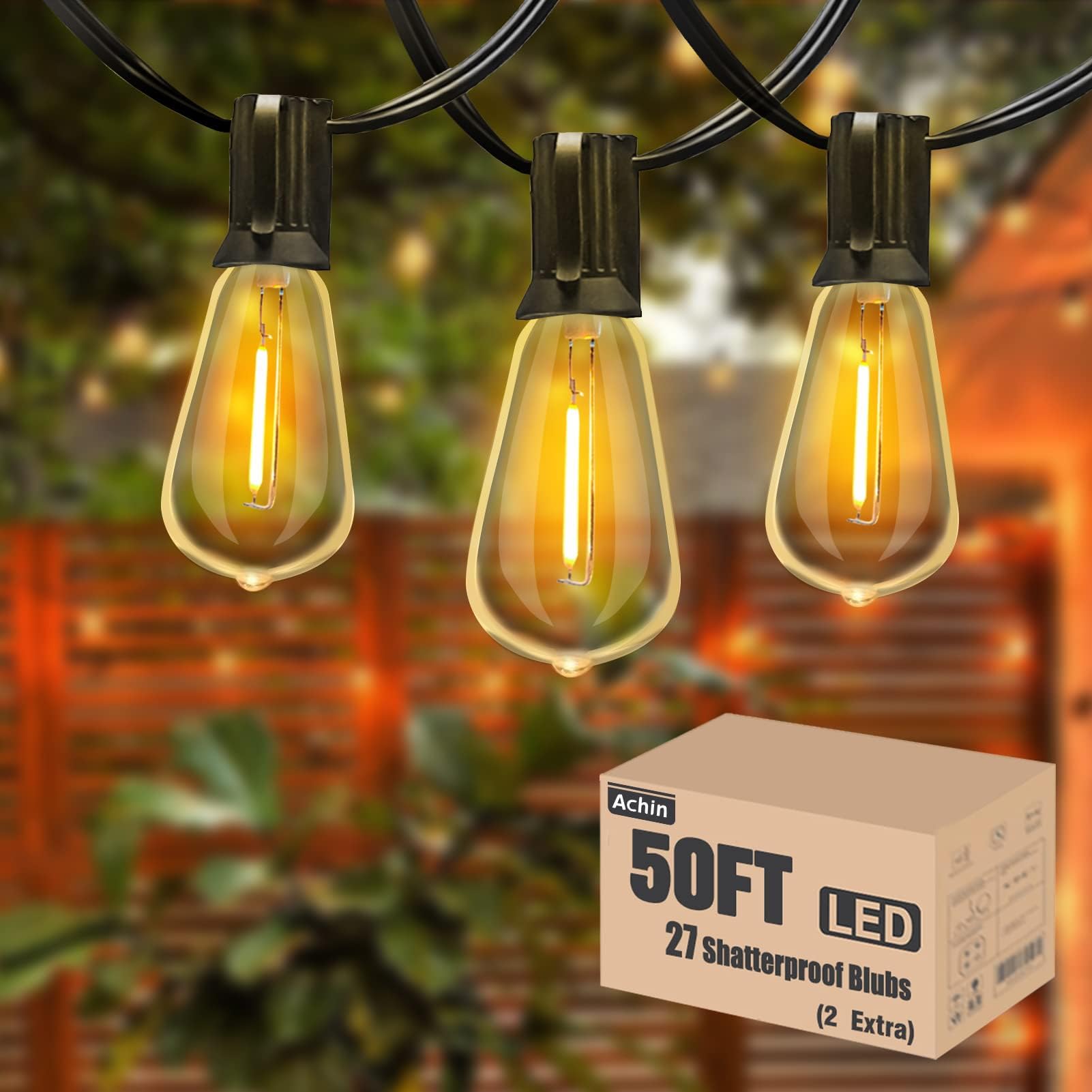 50ft Outdoor String Lights Dimmable ST38 Warm Edison String Lights Waterproof