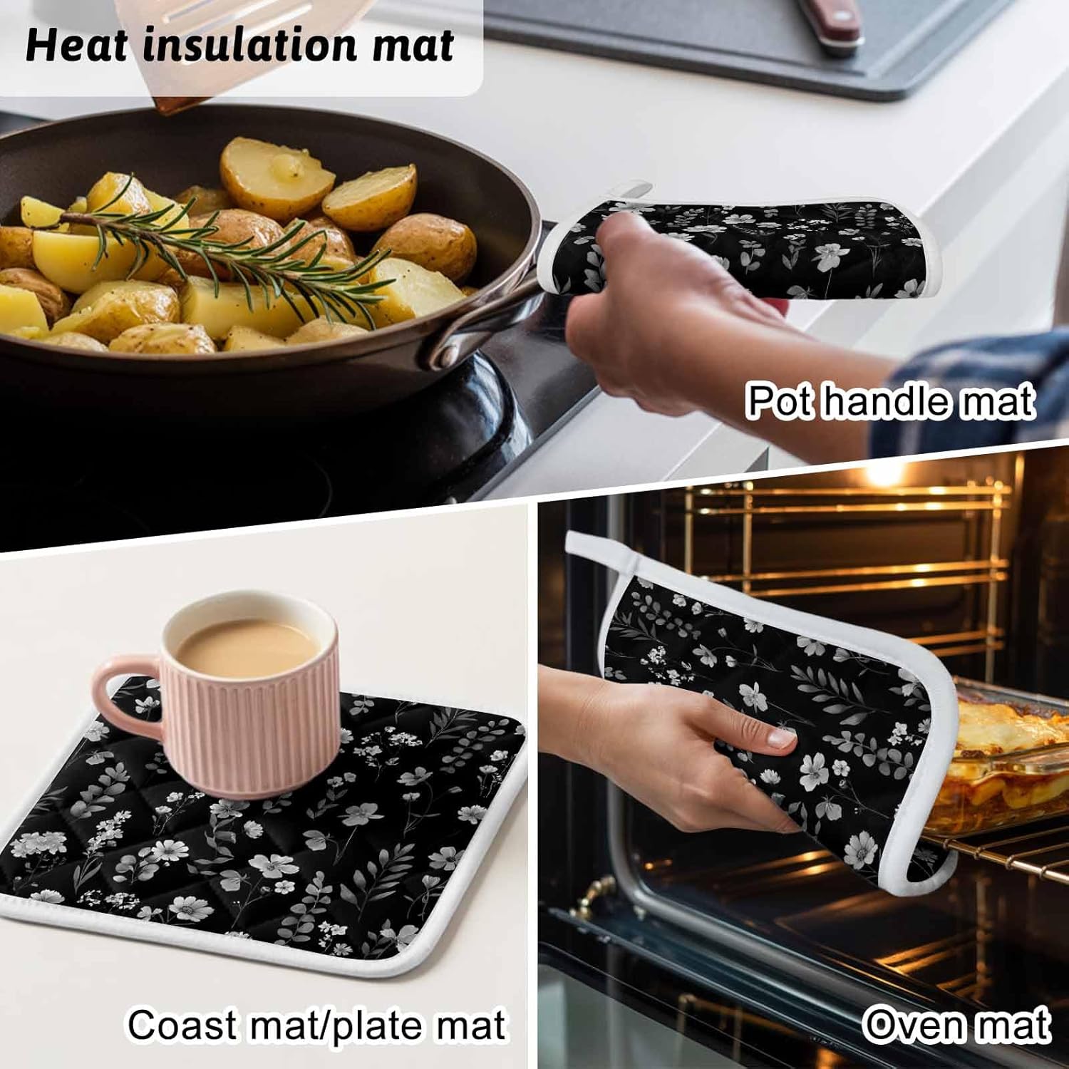 Black Spring Floral Pot Holders for Kitchen Heatproof Potholder, 5 Pack Flowers Botanical Elegant Pastoral Hot Pads Multipurpose Oven Pads Cloth Potholders Trivet for Cooking Baking