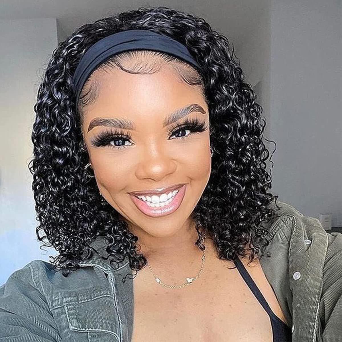 Natural Color Curly Human Hair Glueless Headband Wig