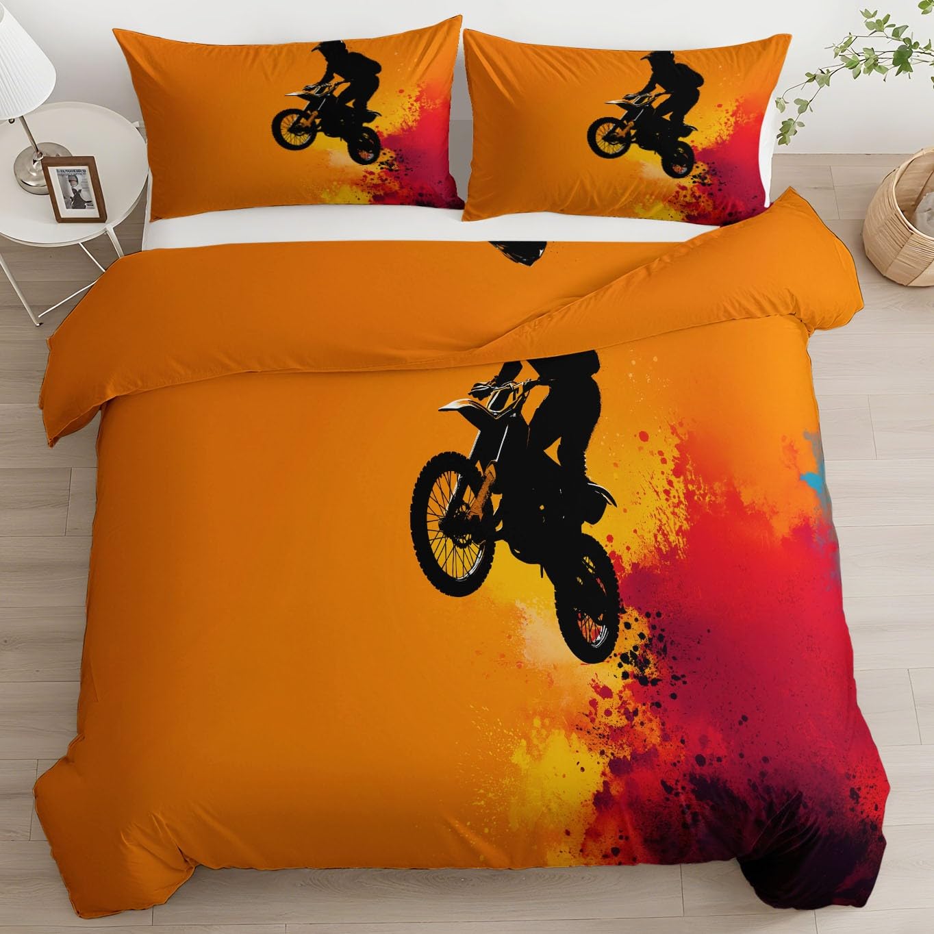 Parure de lit 200x200 orange fermeture éclair réversible motocross