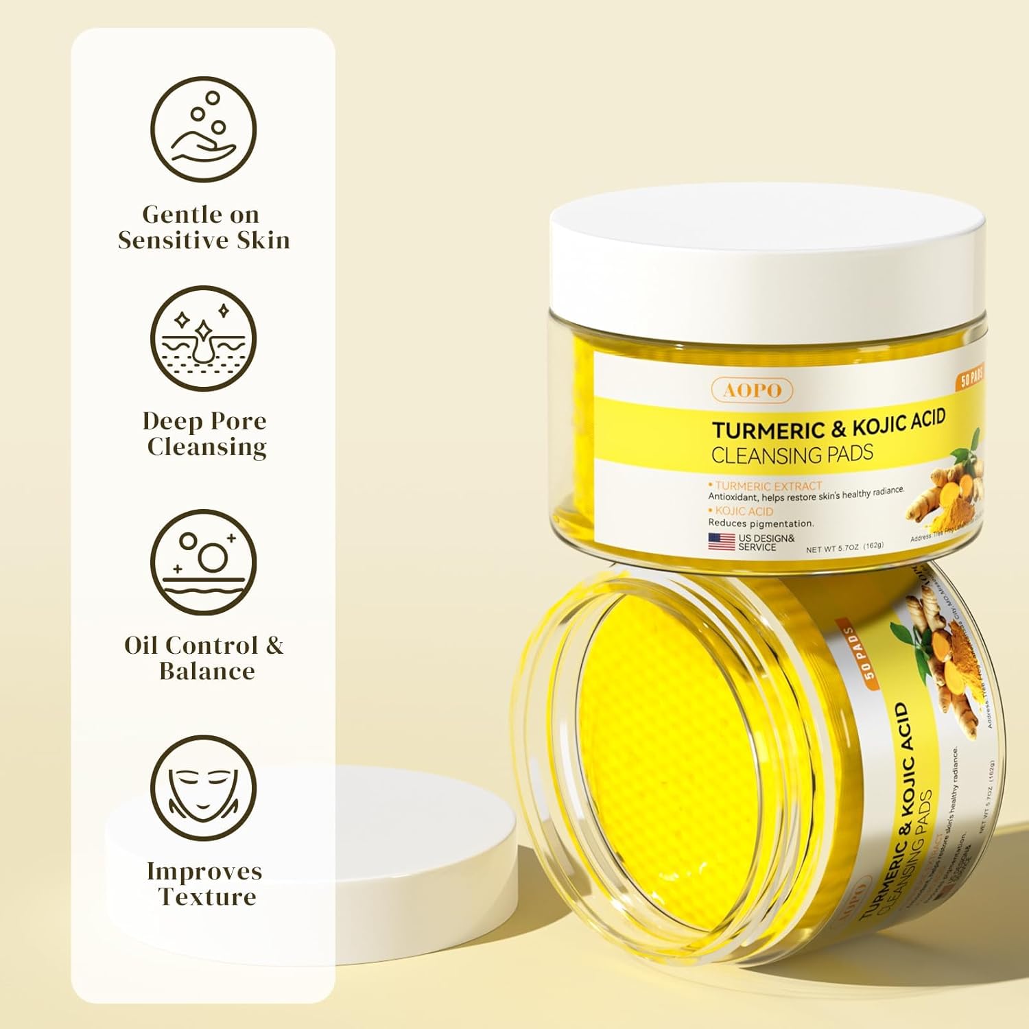 Kojic Acid and Turmeric Cleansing Pads, 50 Pcs, for Face Cleansing and Exfoliation - Image 2