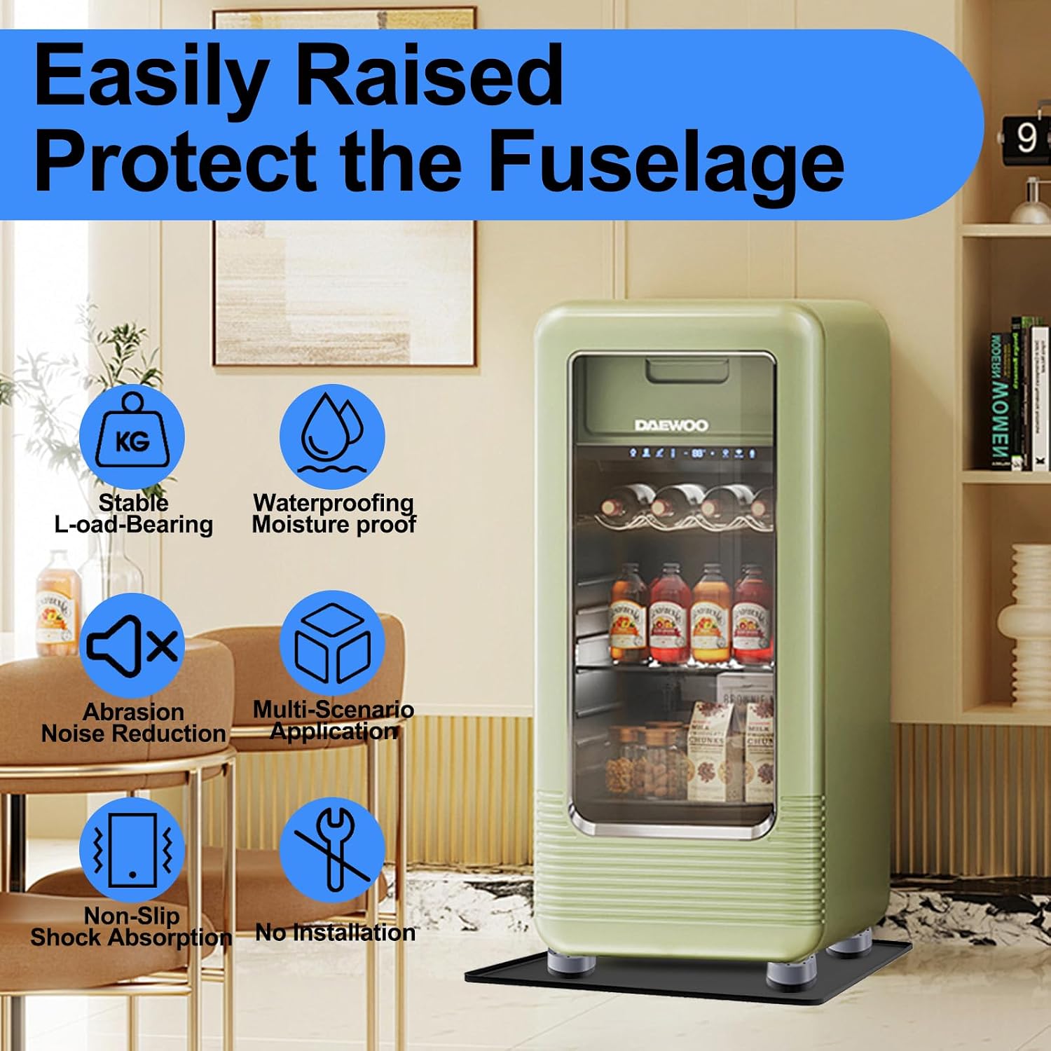 Mini Fridge Silicone Mat with 4 Base Raisers, 24" x 24" x 0.7" Under Refrigerator Mat, Mini Fridge Drip Pan Prevents Appliance Leakage Water Spills, for Washing Machines, Dishwashers, Air Conditioner