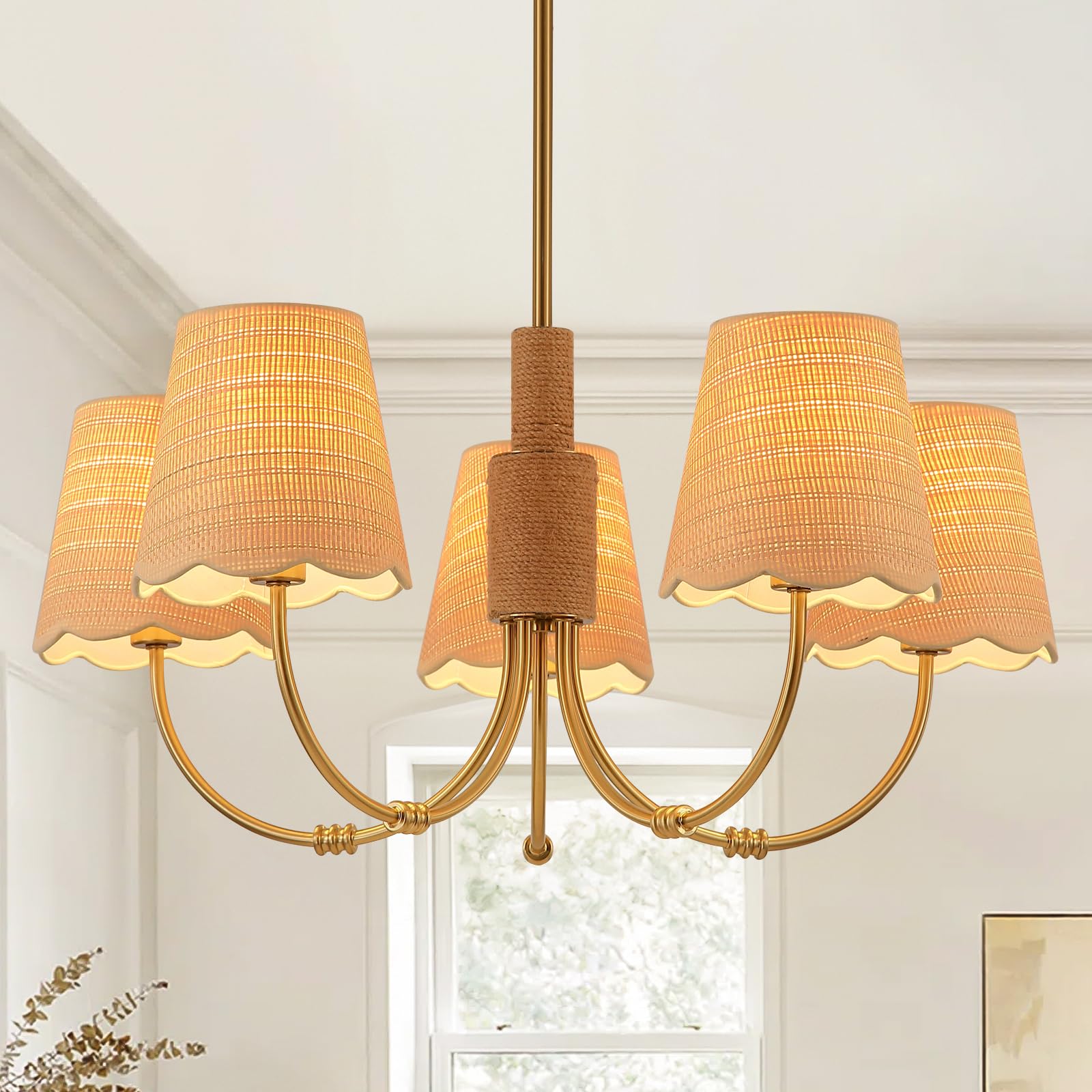 Photo 1 of SUETONG Boho Rattan Chandelier with Fabric Shade, Antique Gold Brass Farmhouse Chandeliers, 5-Lights Coastal Gold Pendant Light Fixtures for Dining Room Kitchen Island Living Room Hemp Rope