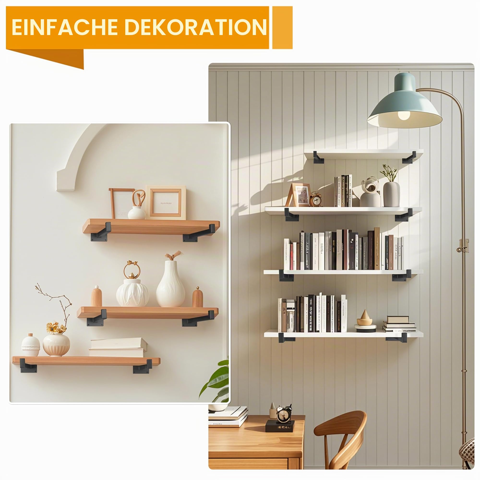 Ezydecor, Regalhalterung, 33 cm, Schwarz, wandmontierte Industrie-Regalträger, Metallregalstützen mit Kante (6er-Pack)